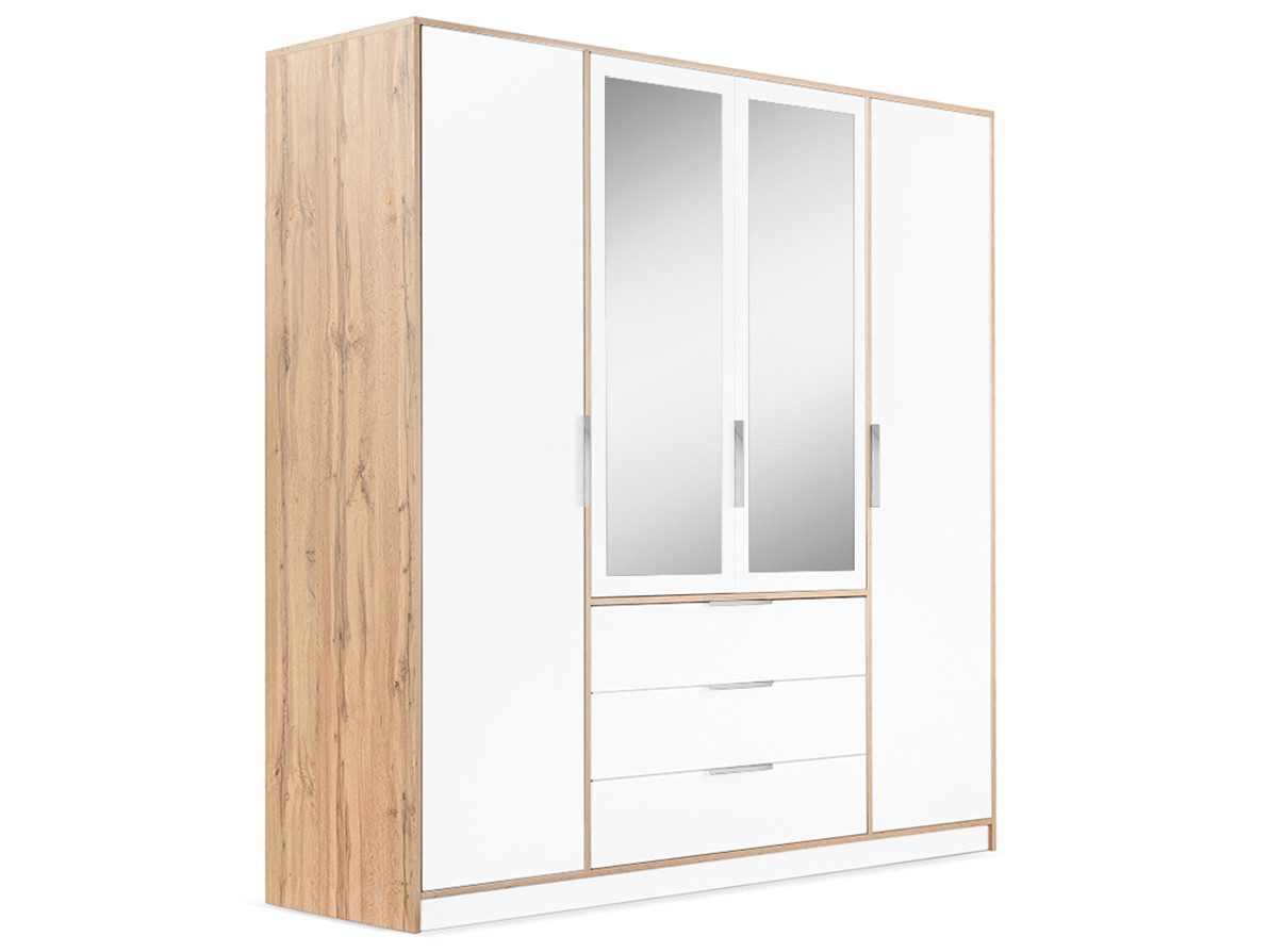 Beautysofa Kleiderschrank mit Spiegel LIVO (Schrank mit 11 Regalen, Kleiderstange und 3 Schubladen, optional mit oder ohne Aufsatz) Breite: 196 cm