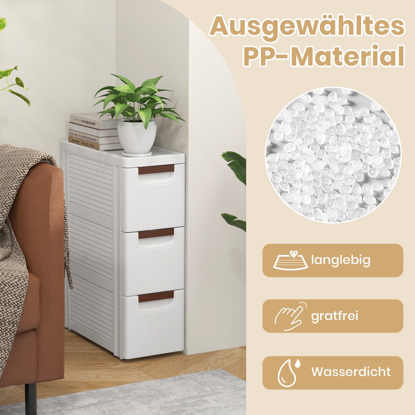 KOMFOTTEU Sideboard, Nischenschrank schmal, Badschrank mit Schubladen & Rollen