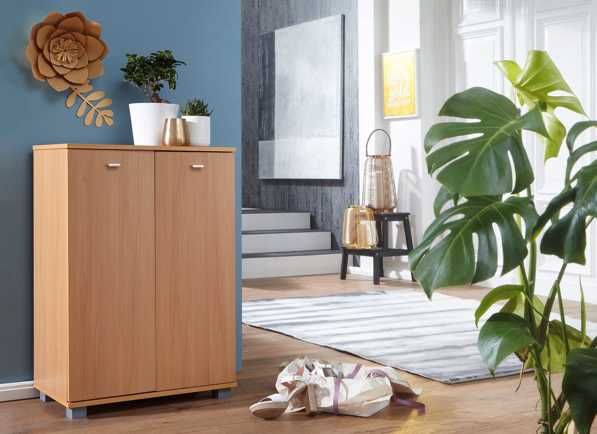 FINEBUY Schuhschrank SuVa2373_1 Holz 12 Paar Schuhe Schuhregal Schuhkommode Flurschrank (Buche 60x90x35 cm, Schuhregal mit 2 Türen Modern) Schuhkommode Flur für 12 Paar Schuhe, Flurschrank