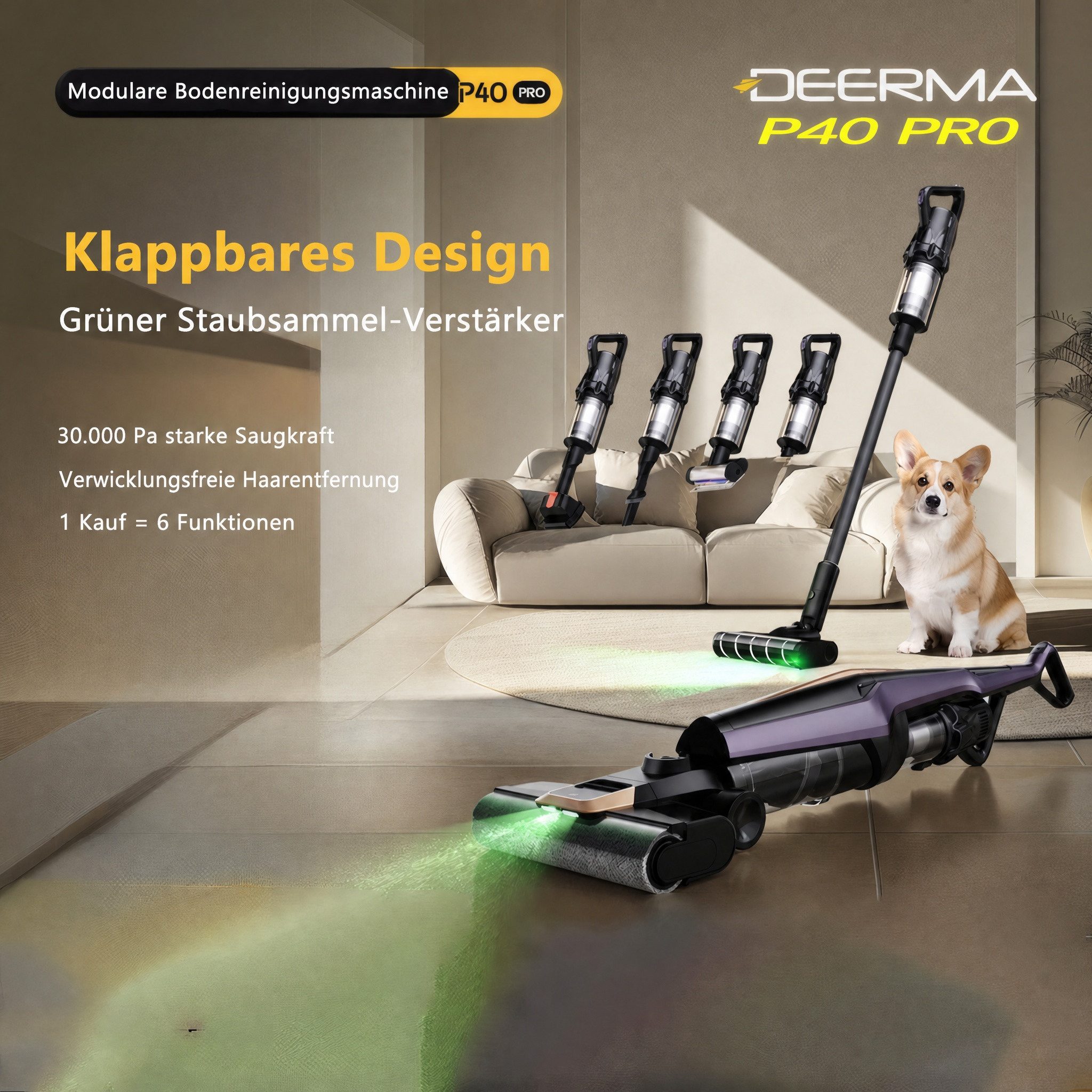 Deerma Nass-Trocken-Akkusauger 6-in-1 Akku Staubsauger Kabellos 30KPa Saug Wisch LED Bodenstaubsauger, 450 W, beutellos, mit LED Grünlicht 180° Bodenbürste Selbstreinigung auf Knopfdruck