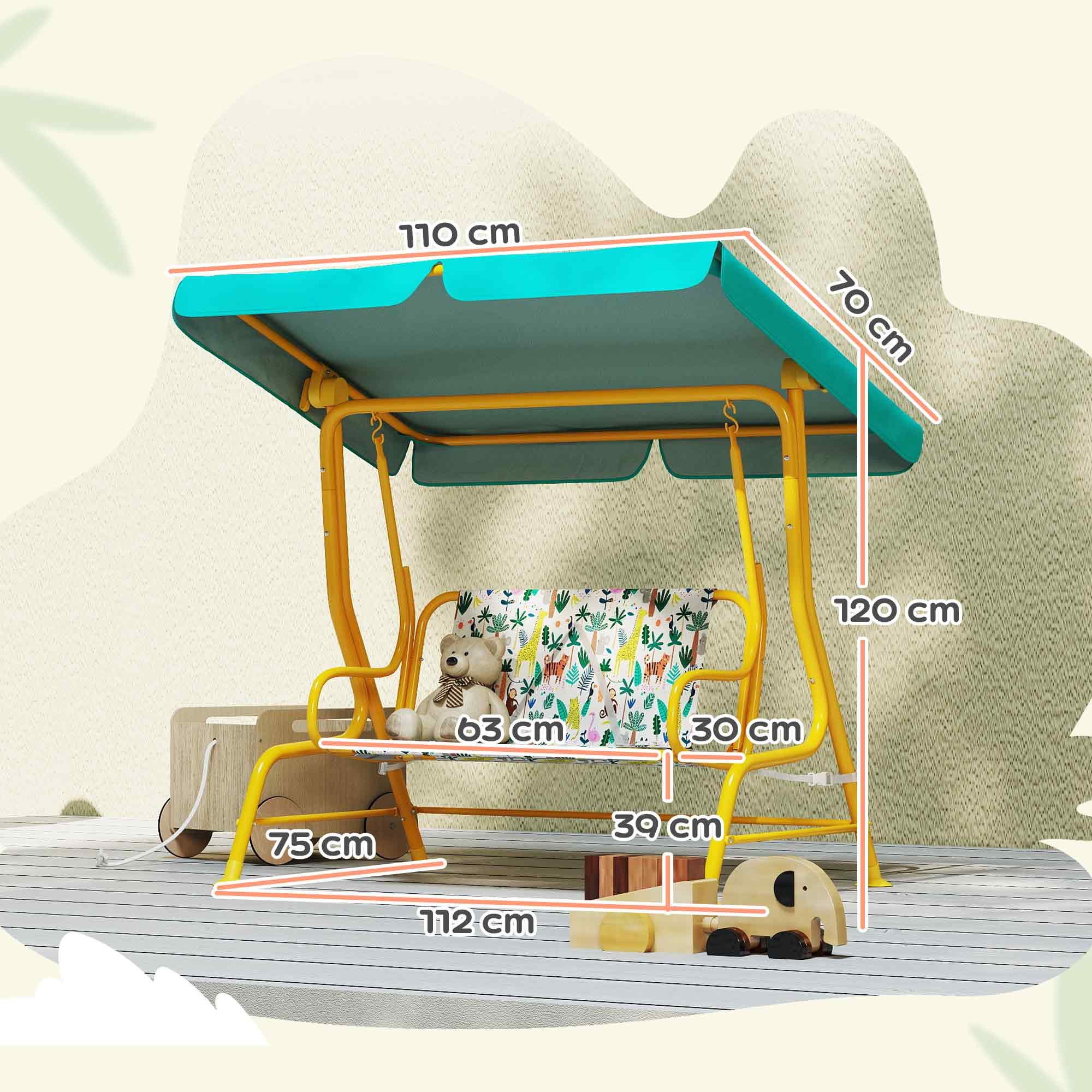 AIYAPLAY Hollywoodschaukel Kinderschaukel Gartenschaukel, Sicherheitsgurt, bis 60 kg, 2-Sitzer, Schaukelfunktion, Gartenschaukel, 1 tlg., 2-Sitzer Kinderschaukel, für Garten Terrasse für 3-6 Jahre Kinder bis 60 kg Grün