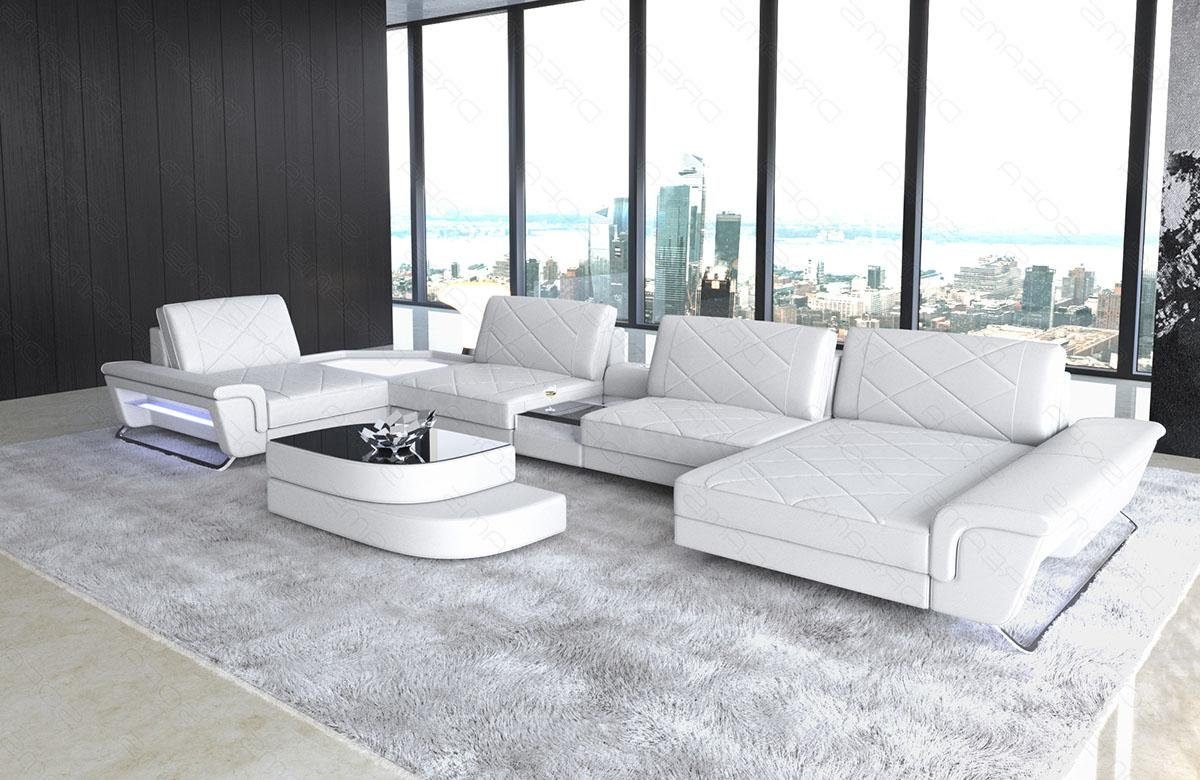 Sofa Dreams Wohnlandschaft Leder Couch Sofa Ferrara Ledersofa mit, Multifunktionskonsole, USB, LED