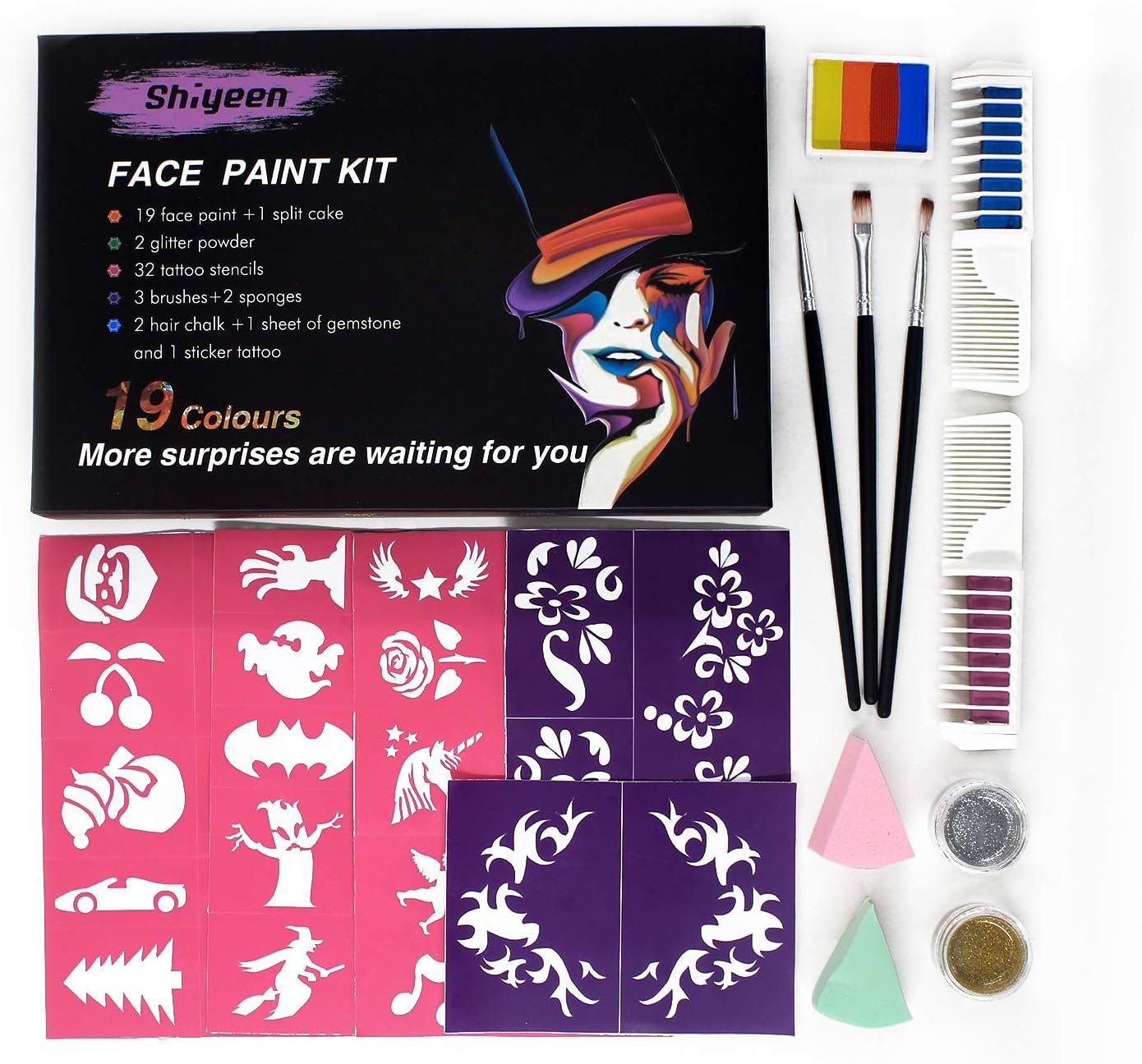 Diyarts Schminkstift (umfangreiches und sicheres Face-Painting-Kit, 19-tlg), 19 lebendige Farben, funkelnder Glitzer, wiederverwendbare Schablonen