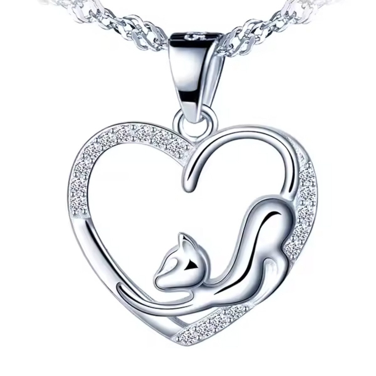 ELLAWIL Silberkette Kette mit Herzanhänger Herz Katze Tieranhänger Zirkonia günstig online kaufen