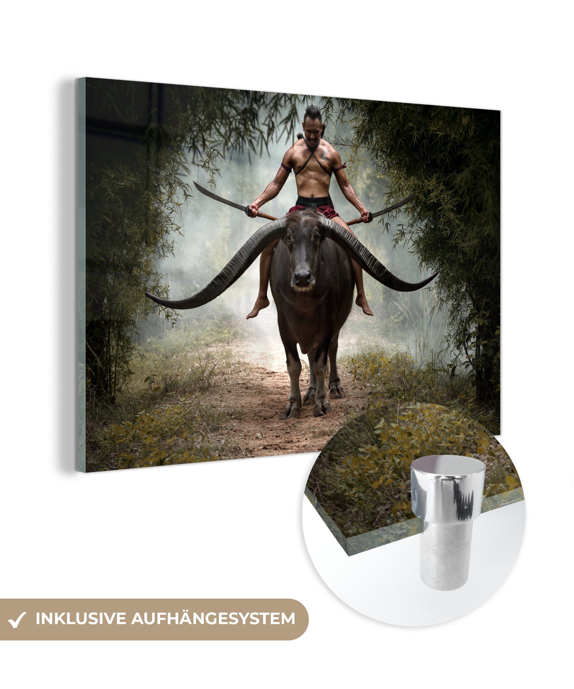 MuchoWow Acrylglasbild Thai-Krieger und sein Büffel, (1 St), Acrylglasbilder Wohnzimmer & Schlafzimmer