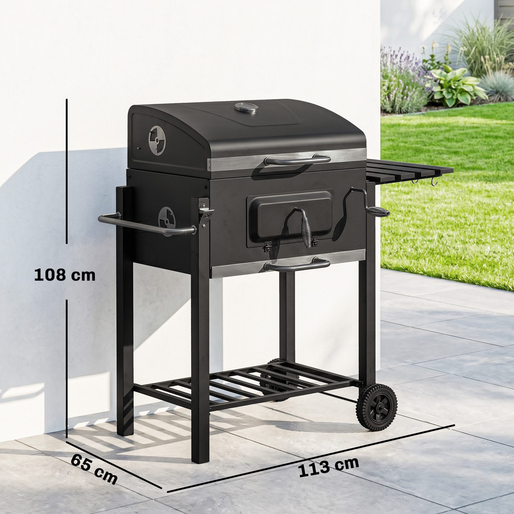 Outsunny Holzkohlegrill Grillwagen Grill BBQ Standgrill, Holzkohle Kohlegrill, Gartengrill, Edelstahl Schwarz 113 x 65 x 108 cm