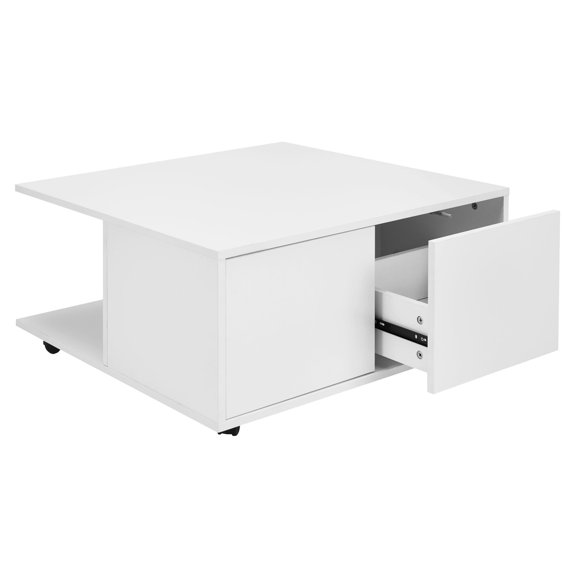 Fächern, Couchtisch mit (70x70 2 cm mit Tisch Schubladen, mit Rollen Wohnzimmertisch Eckig), WL6.066 Wohnling Weiß Sofatisch