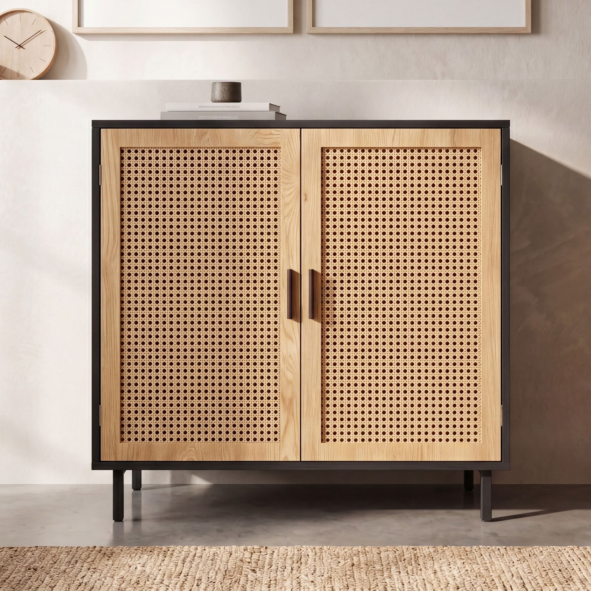 FINEBUY Sideboard FB100054 80cm mit 2 Türen in Rattan Wiener Geflecht Design Kommode (Kommode 2 Türen, Kommodenschrank Wiener Geflecht), 80x86,5x40 cm Anrichte Schwarz, Standschrank