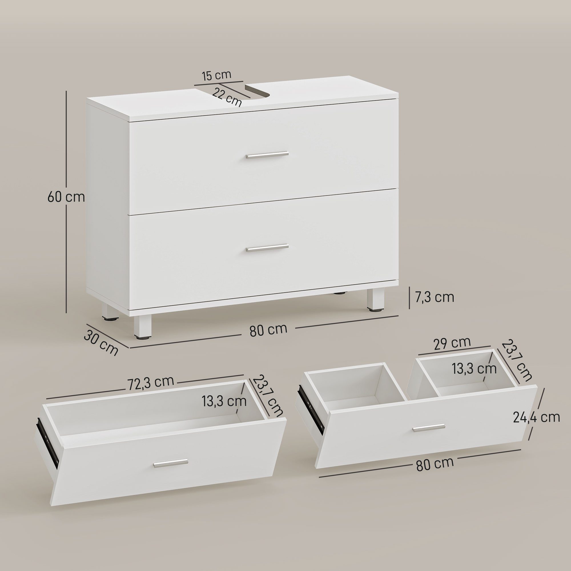 HOMCOM Waschbeckenunterschrank Badezimmerschrank mit 2 Schubladen (Badezimmer Unterschrank, 1-St., Waschtischunterschrank) Weiß 80 x 30 x 60 cm