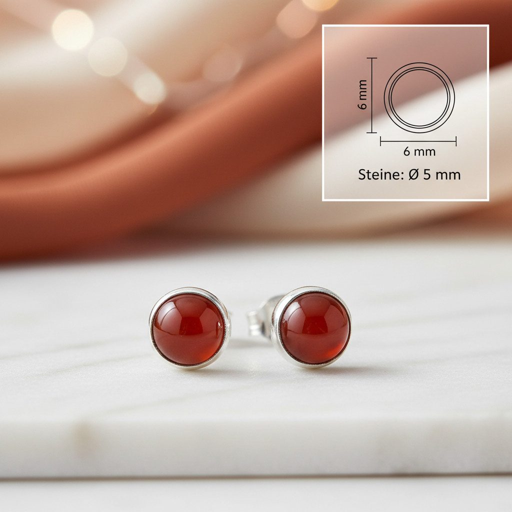 mantraroma Paar Ohrstecker SAMA rund klein aus 925 Silber mit Karneol (Paar, Paar Ohrringe mit Schmuckbeutel), 925 Sterling Silber Ohrringe für Damen
