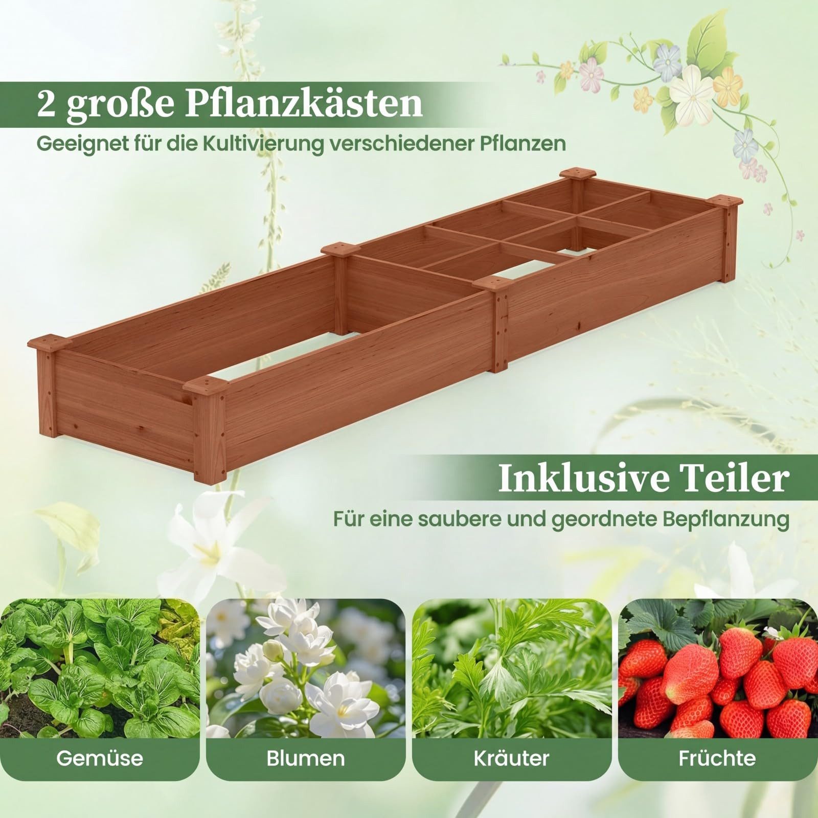 COSTWAY Hochbeet, Gartenbeet, mit 2 Pflanzkästen, 228 x 62 x 25 cm