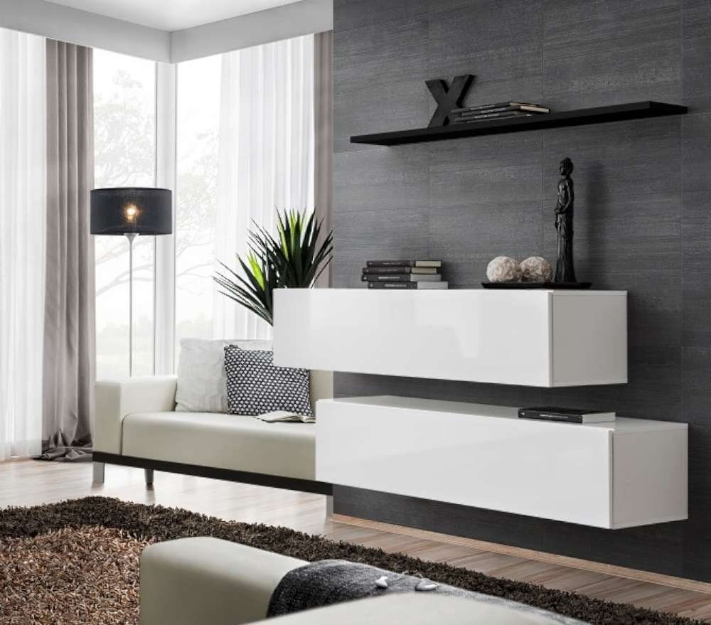 Stylefy Wohnwand SWOTCH SB II 110x130x30 cm, (Wohnmöbel, Wohnzimmer-Set, Set (3-St), bestehend aus 2xLowboard, 1xWandboard, variabel hängbar, Hochglanzfronten, mit Push-to-Open, Modern Weiß Schwarz Matt / Weiß Hochglanz