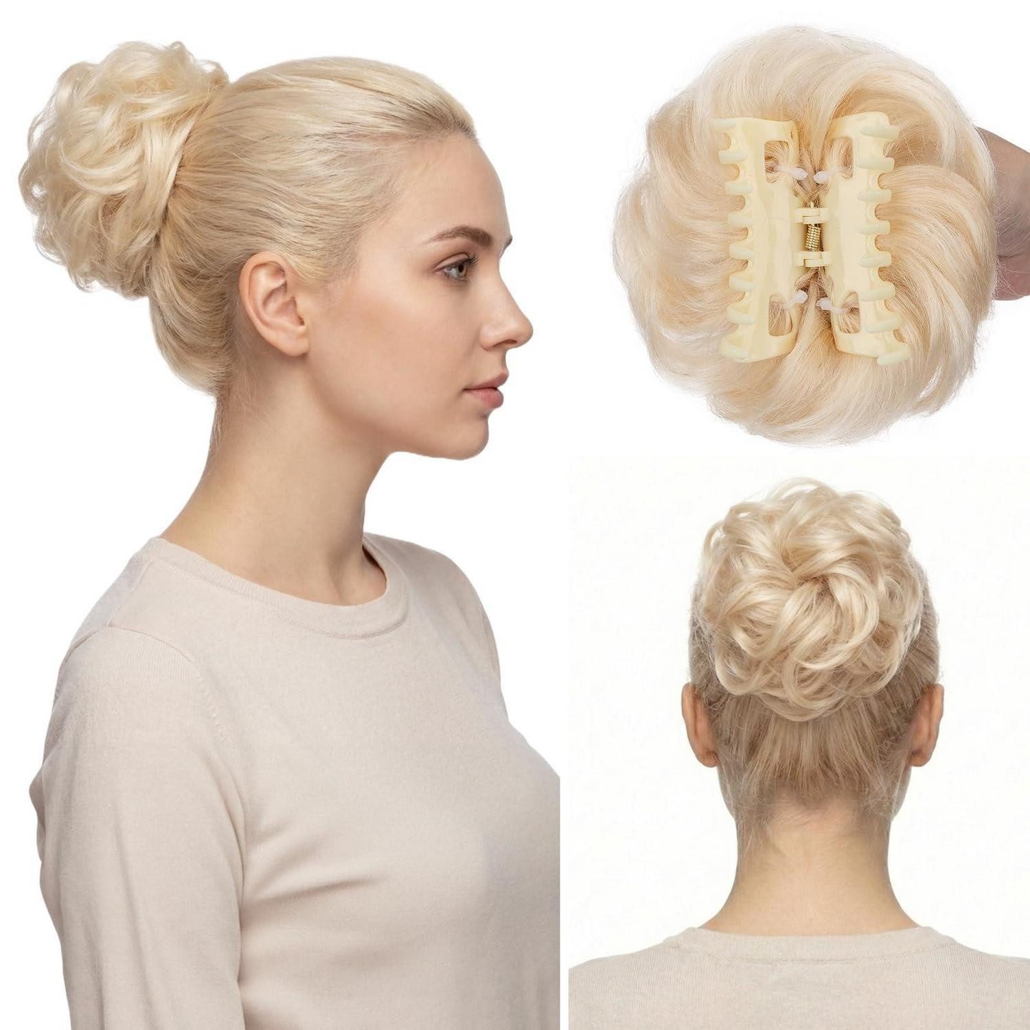 LuxusKollektion Echthaar-Extension Haarteil Echthaar MessyBun Dutt Klammer Clawclip Damen #60 Platinblond