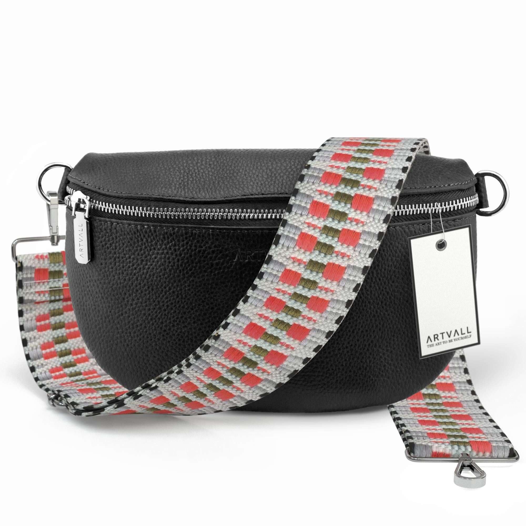 ARTVALL Umhängetasche Echtleder Handtasche Damen Brusttasche Schwarz (Tasche inkl. Taschenband), Bauchtasche Leder verstellbar mit Schultergurt Design breit hochwertig