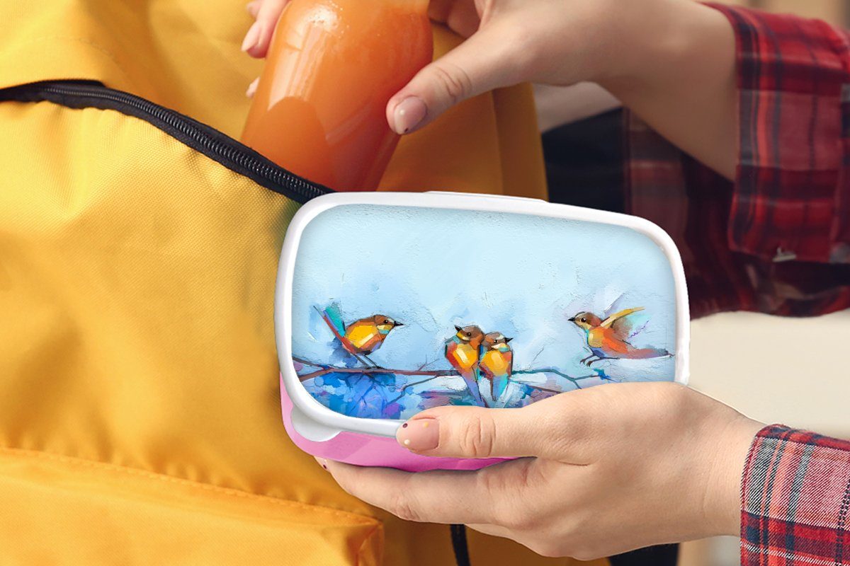 MuchoWow Lunchbox Vogel Mädchen, rosa Gemälde Ölfarbe - Kunststoff, Snackbox, - Zweig, Kunststoff Brotdose (2-tlg), Erwachsene, - Kinder, Brotbox für