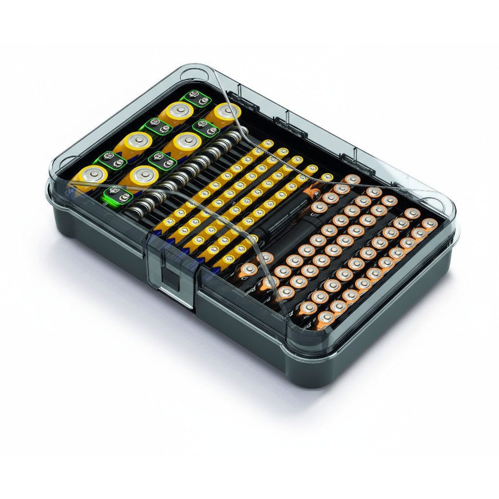 Kreher Batteriebox mit Unterteilungen für AA, AAA, C, D, 9V & Knopfzellen
