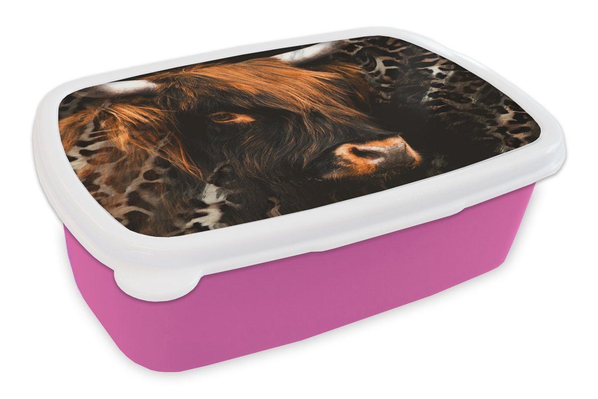 MuchoWow Lunchbox Brotdose Panther (2-tlg), Kunststoff, rosa Highlander Erwachsene, - - Kunststoff Tiere Brotbox Schottischer Druck, Mädchen, für Snackbox, Kinder