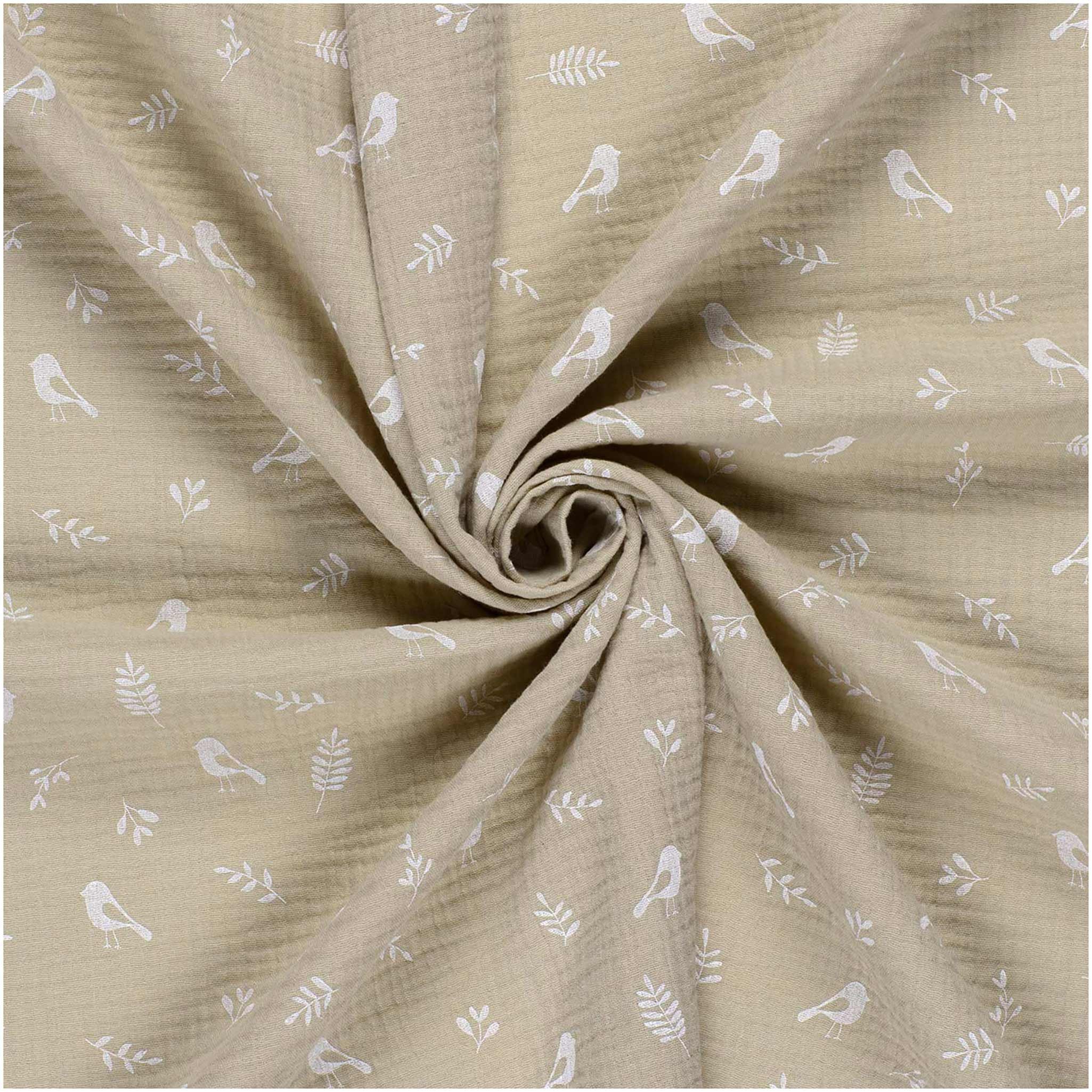 maDDma Stoff Musselin-Stoff bedruckte Vögel ab 50x130cm uni Mulltuch, 052 - beige