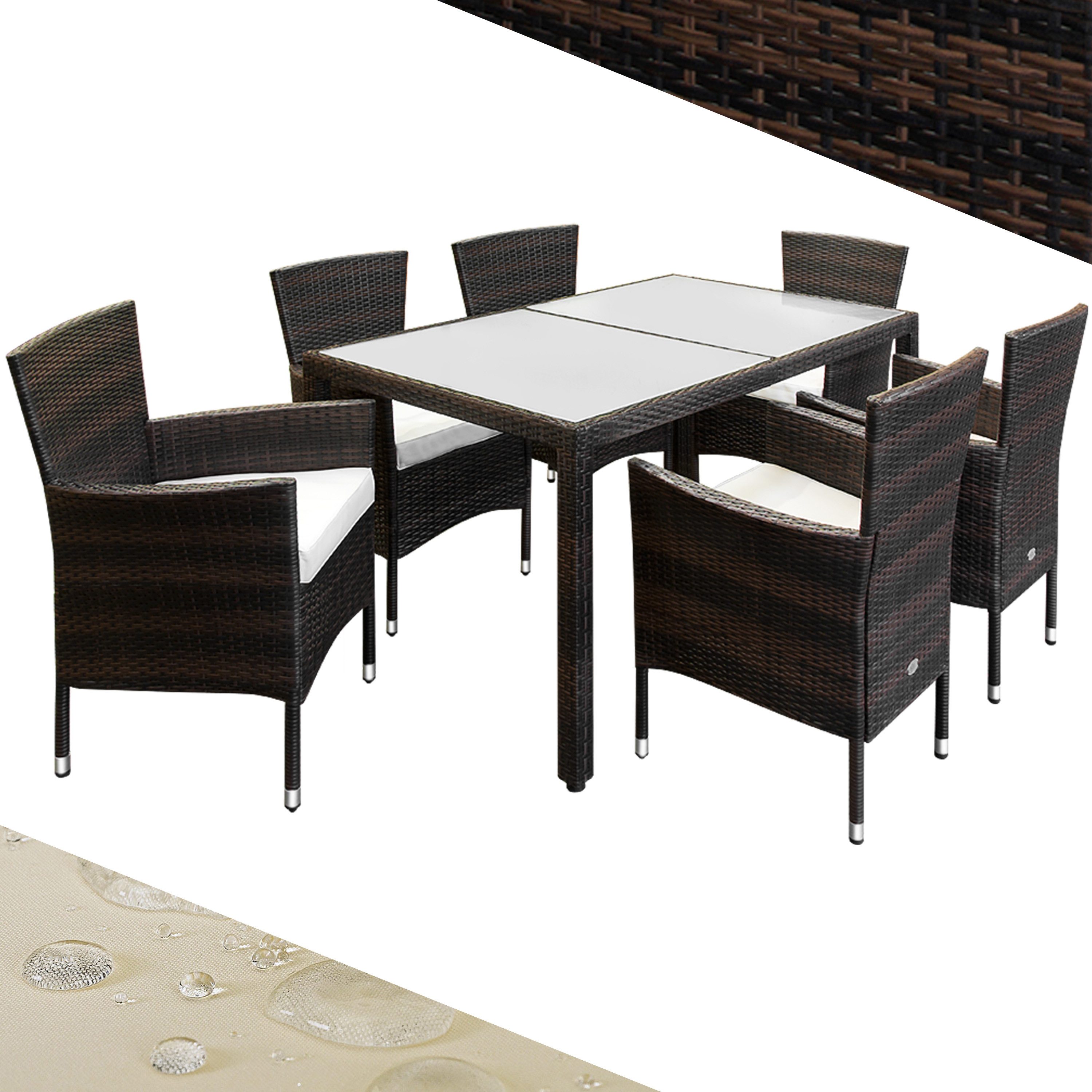 Casaria Garten-Essgruppe 6+1, Gartenmöbel Set 6 Stühle inkl. 7cm Polster Tisch 150x90cm braun