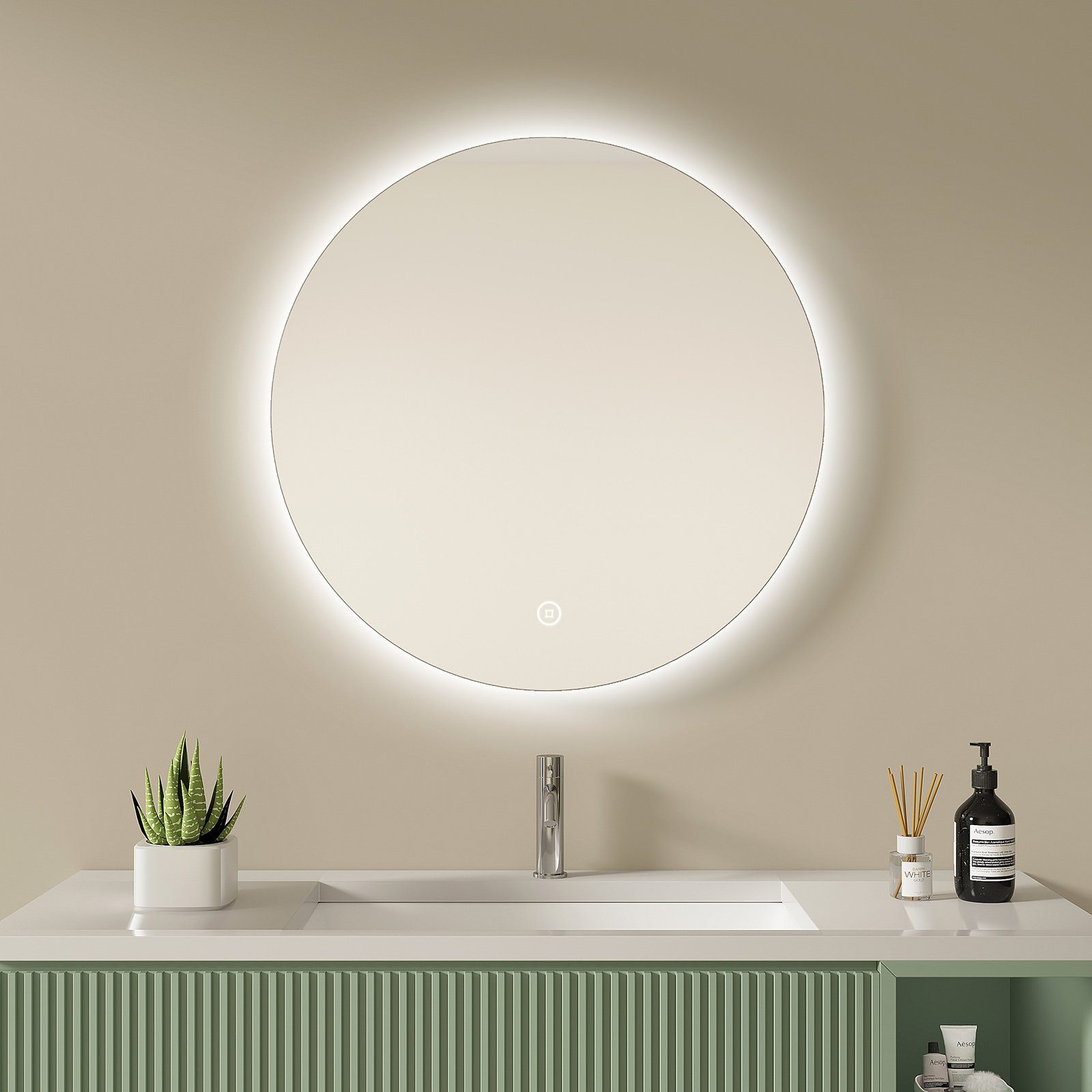 S'AFIELINA Badspiegel mit Beleuchtung Rund LED Wandspiegel Badezimmerspiegel, mit Touch, kaltweißes Licht und Memory Funktion