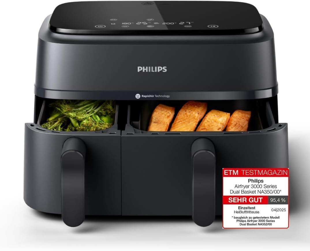 Philips Heißluftfritteuse NA350/00, 2750 W, Airfryer Dual Basket 3000 Series, 9L, 2 Körbe