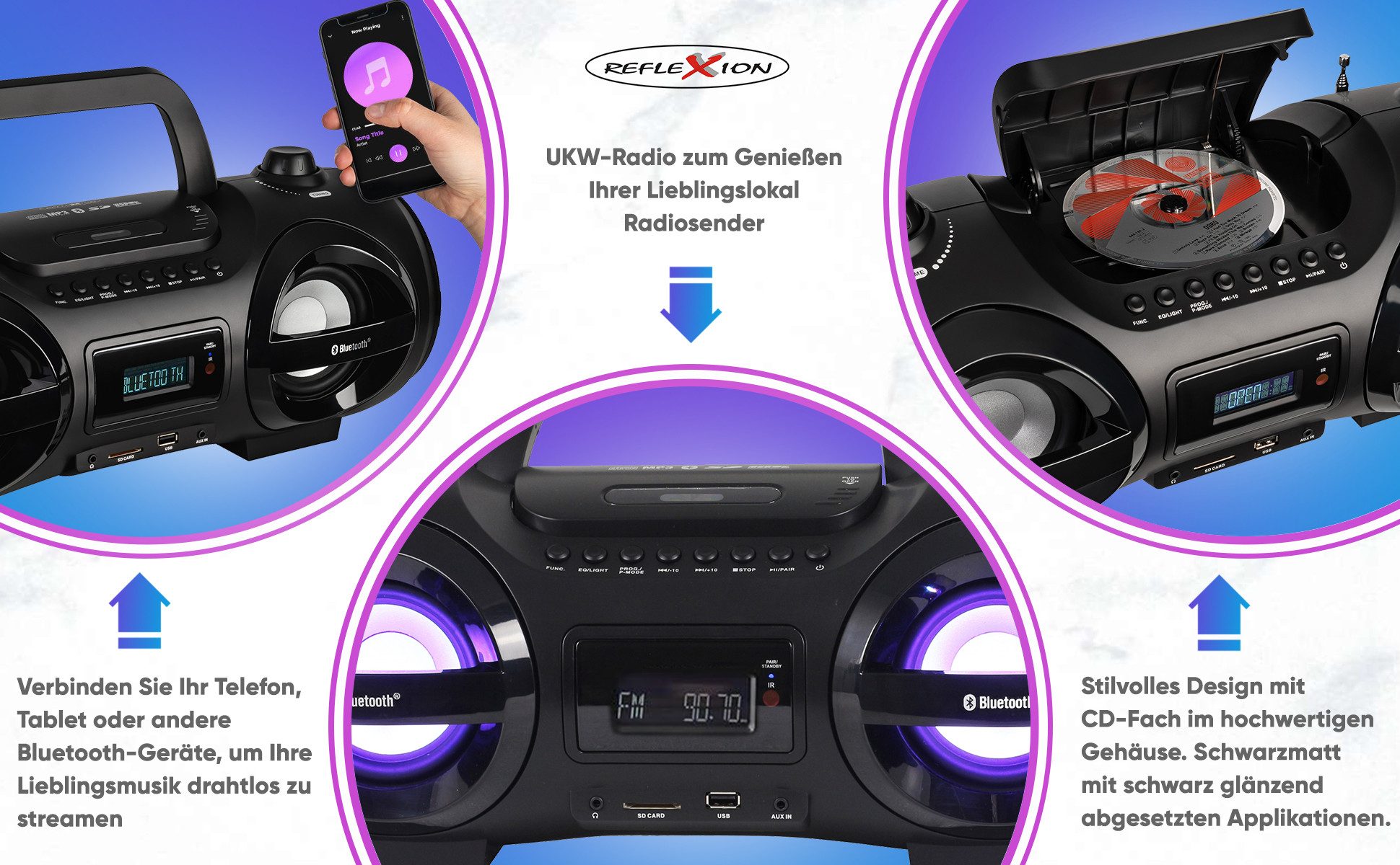 Reflexion CDR900BT Boombox (UKW-Radio, 200 W, Ghettoblaster, LED Discolicht, CD-Player, Equalizer, Bluetooth)