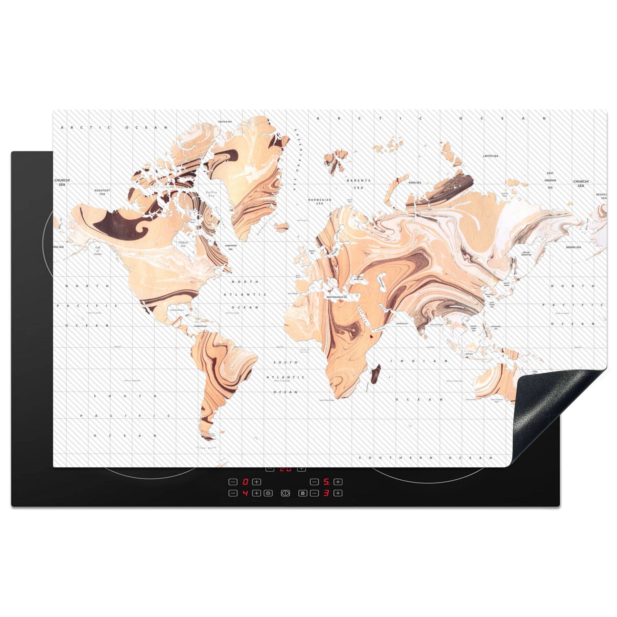 MuchoWow Herdblende-/Abdeckplatte Weltkarte - Farbe - Braun, Vinyl, (1 tlg), 81x52 cm, Induktionskochfeld Schutz für die küche, Ceranfeldabdeckung
