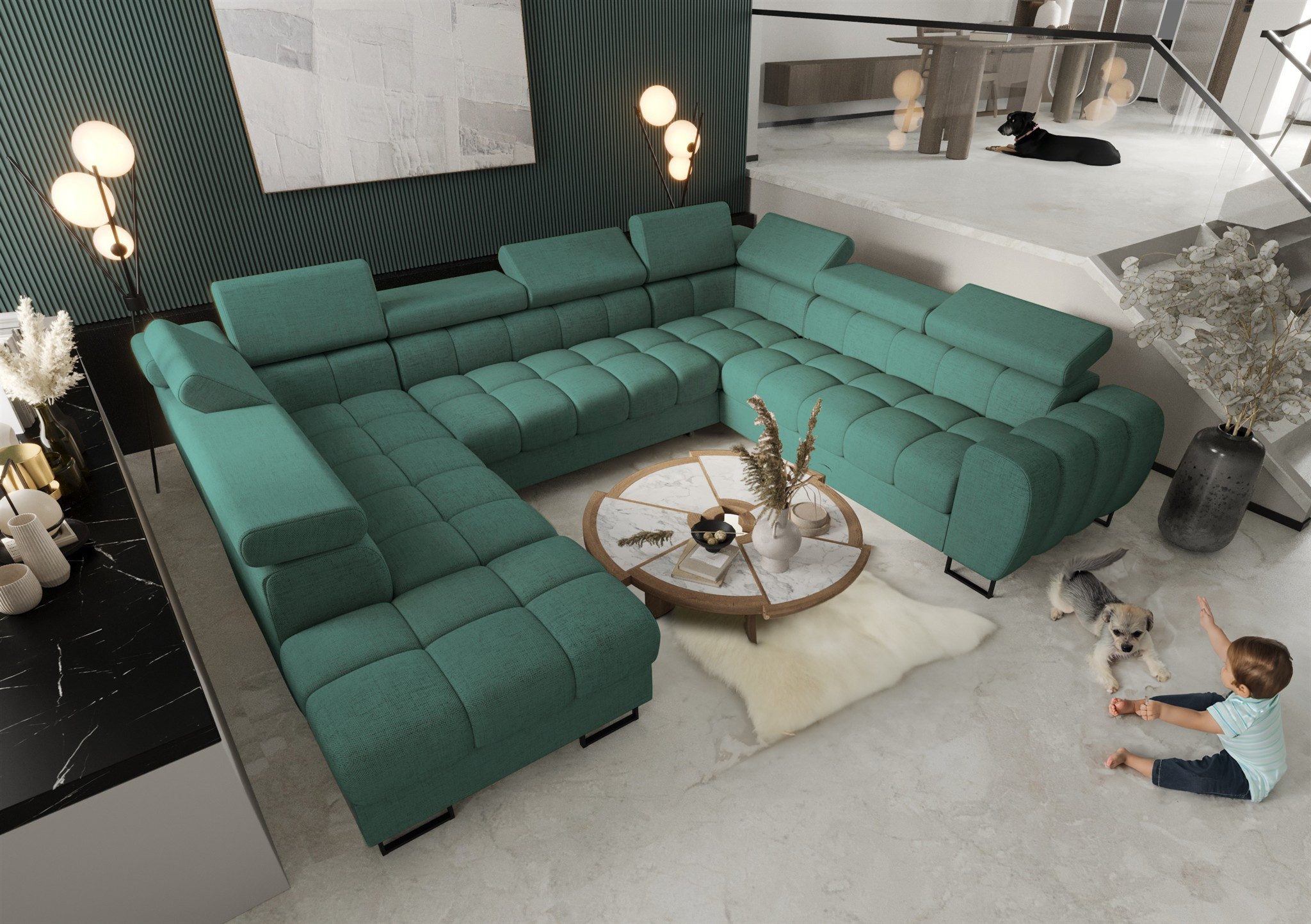 Fun Möbel Wohnlandschaft Schlafsofa BASTIEN XL mit Ottomanen in Stoff, inkl. Bettkästen, mit Rundumbezug, ausziehbare Liegefläche