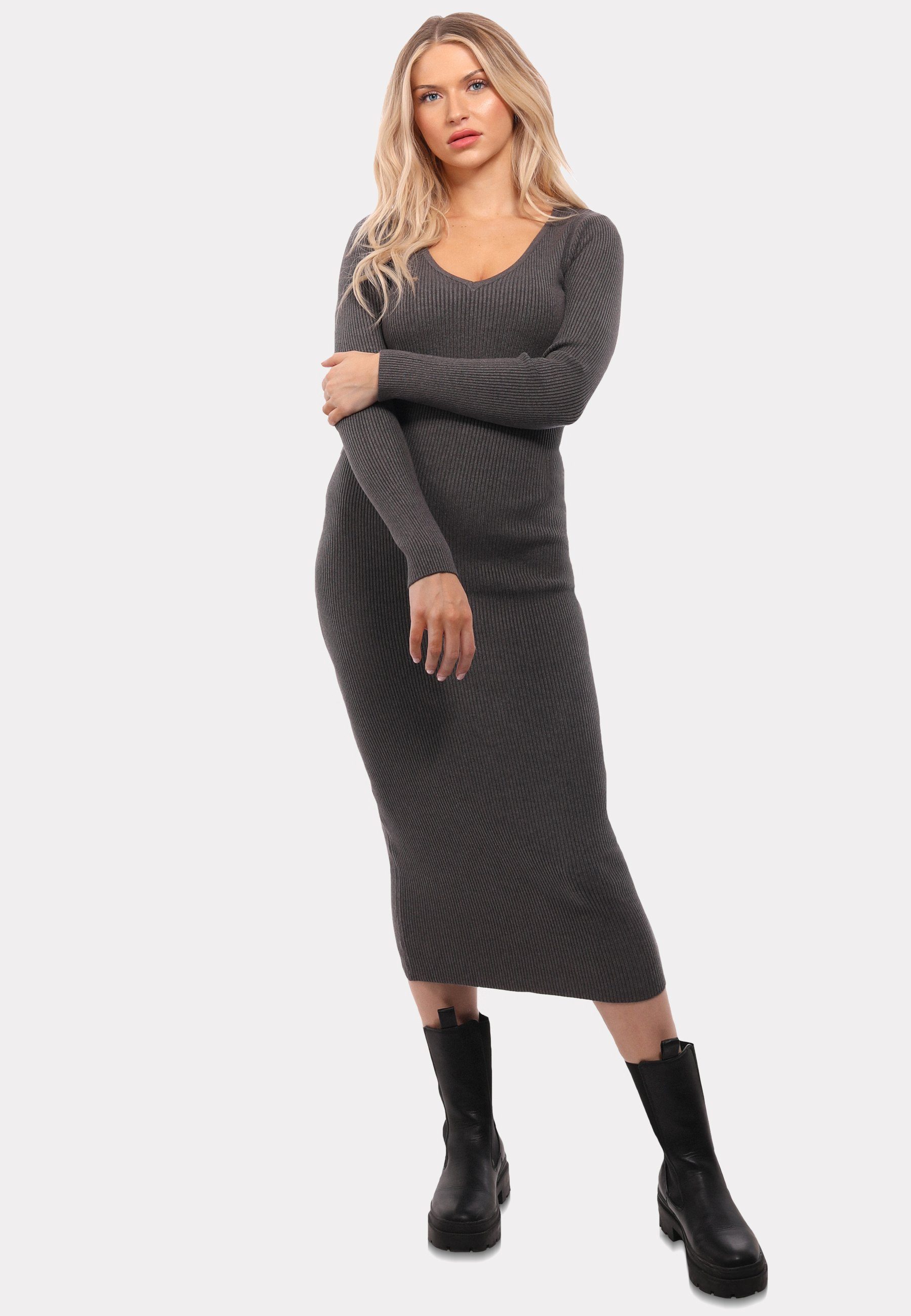 YC Fashion & Style Strickkleid Strickkleid mit V-Ausschnitt KNIT DRESS (1-tlg) in Unifarbe