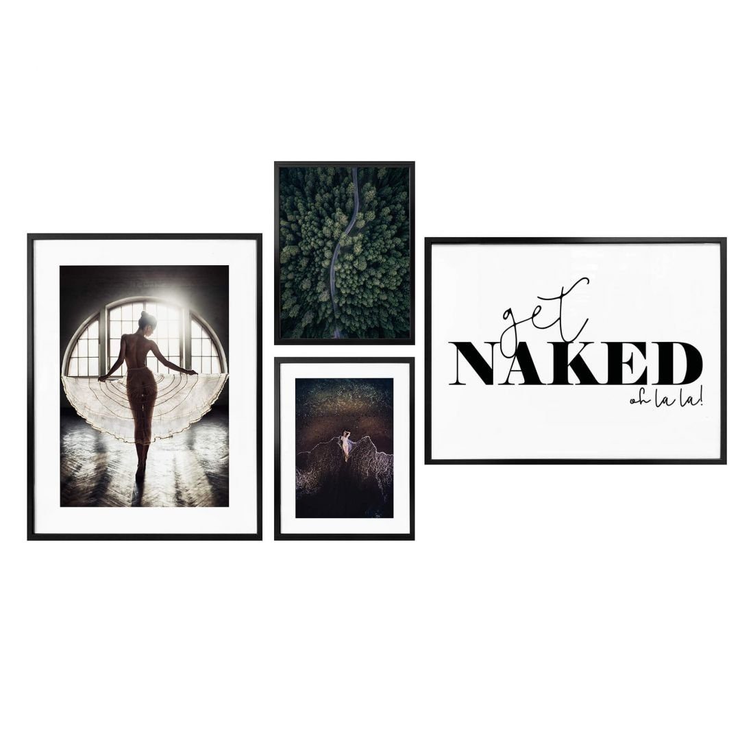 K&L Wandbild 4er Poster Set, Wohnzimmer Art modern naked Collage + natürliche Poster Bilderrahmen Wall get Kurven