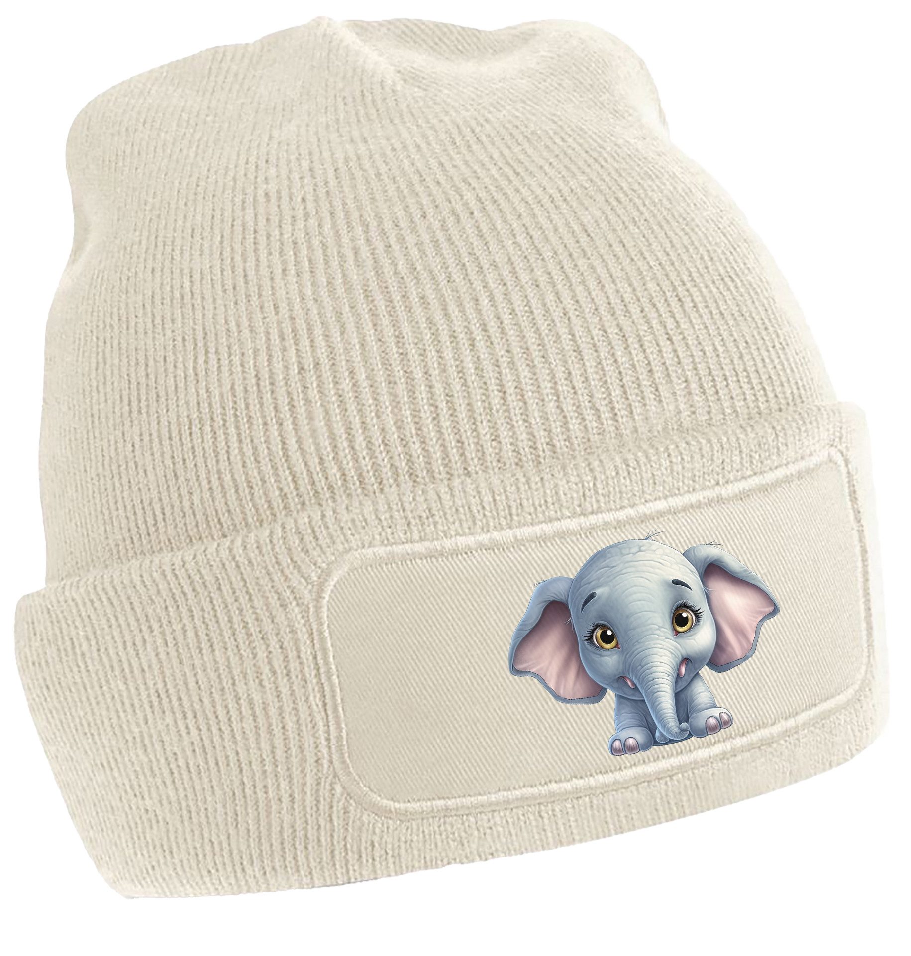 Strickmütze für kalte Tage - Beanie mit Umschlag und Elefant Print