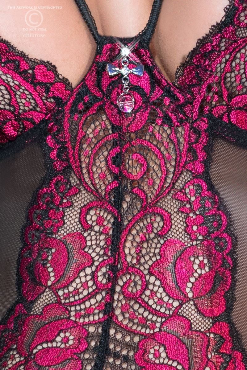Chilirose Set: Corsage Damen Dessous Straps Negligee in schwarz pink mit Strumpfhaltern, Cors