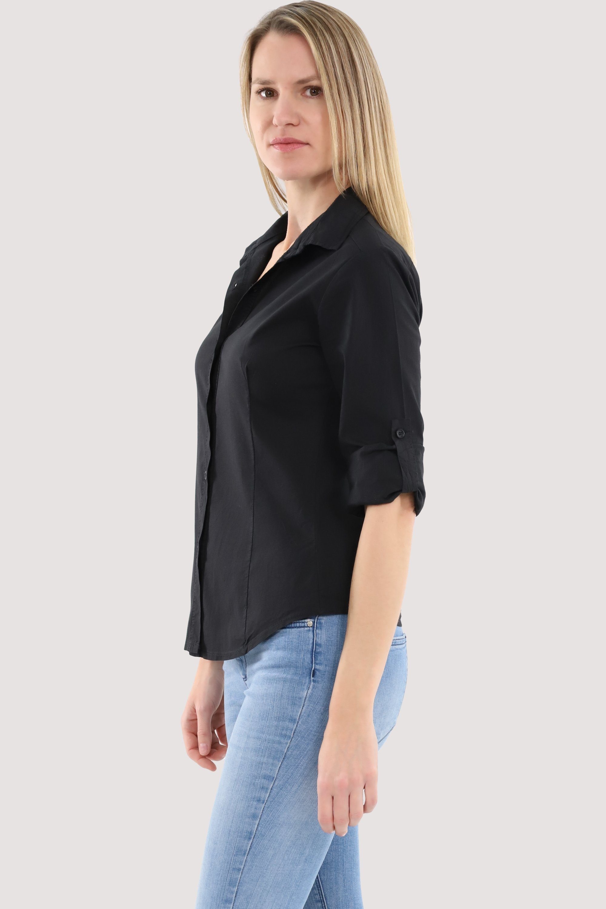 schwarz Blusenshirt Hemdbluse Fit 3/4 fashion more mit Krempelärmeln than 8030 malito Slim