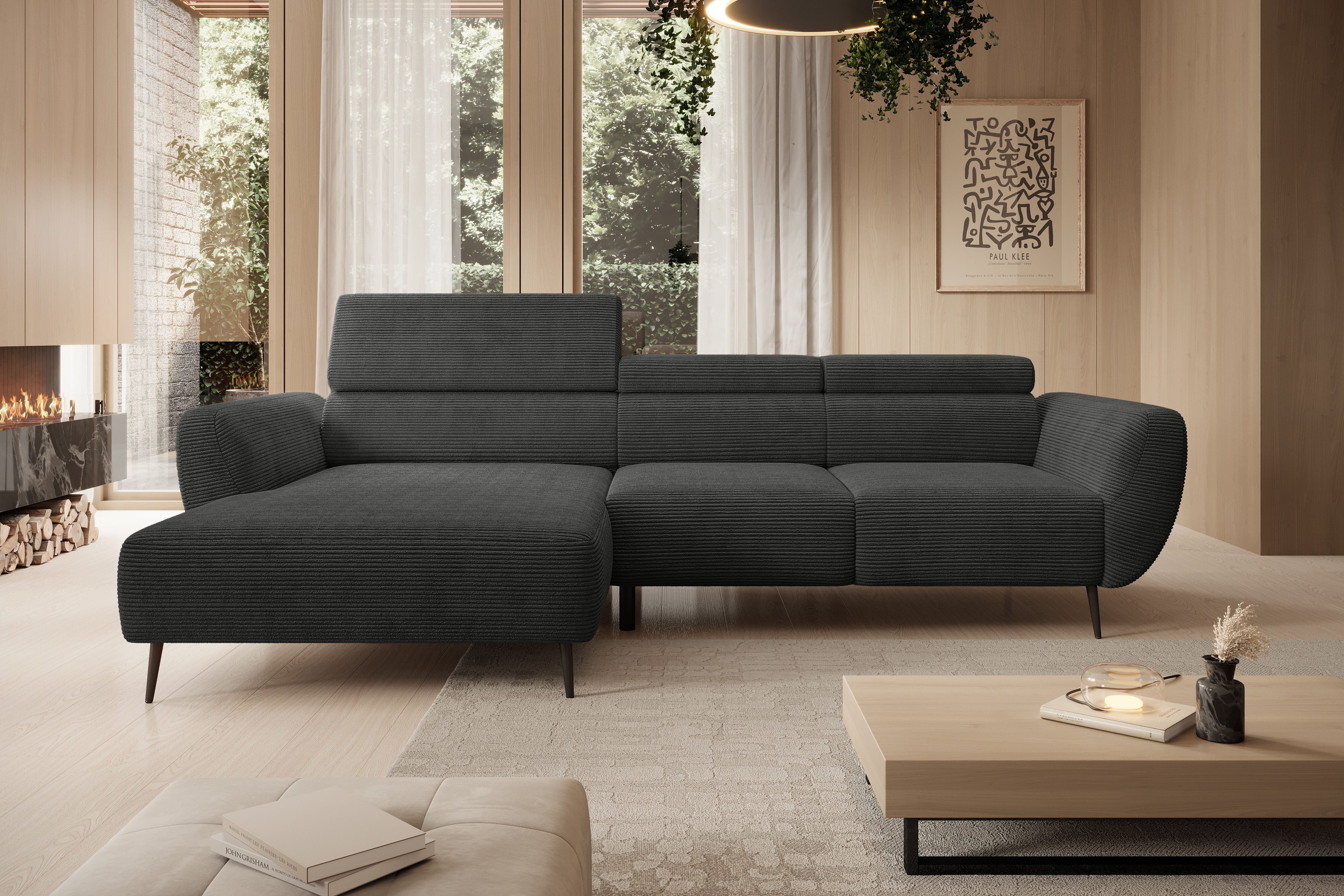 WERK2 Ecksofa Alisson 277 x 174 cm modern & bequem, bodenfrei, Multifunktionen, Cord, L-Form, XXL, elektrische Sitztiefenverstellung, Schlaffunktion