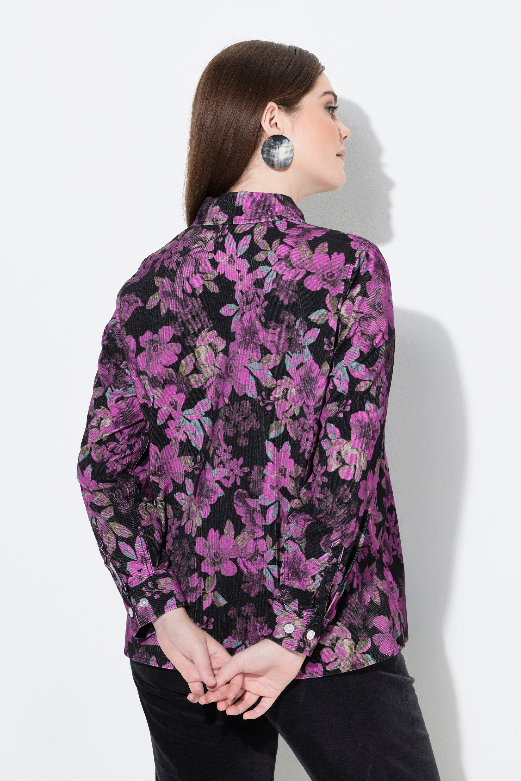 Ulla Popken Hemdbluse Cordbluse floraler Druck Hemdkragen Langarm