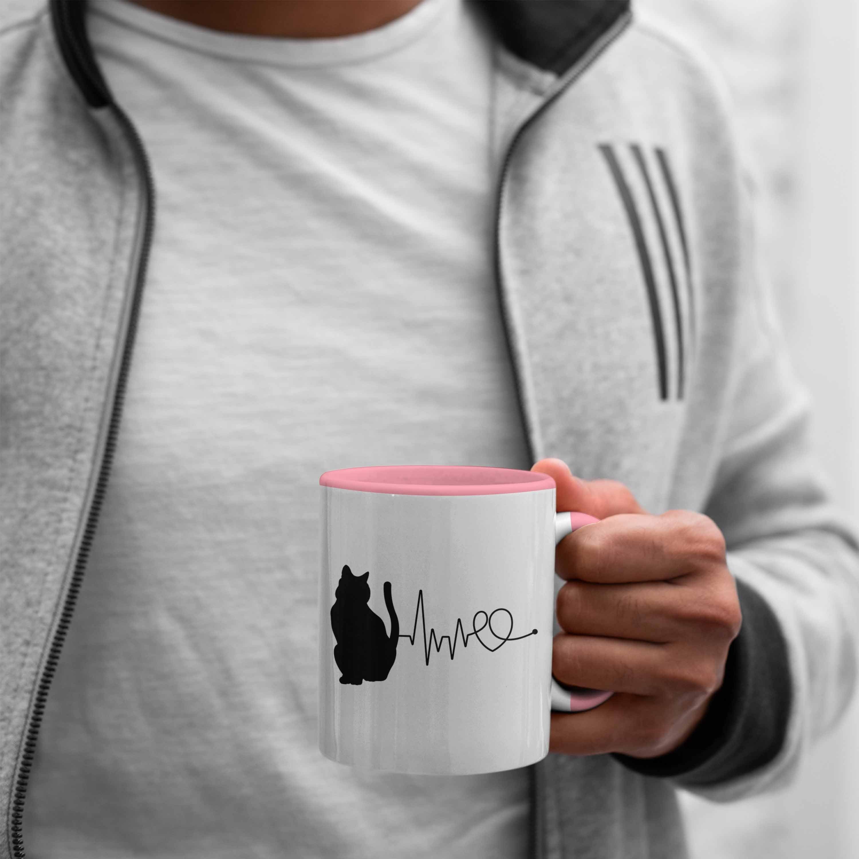 Trendation Tasse Katze Herzschlag für Katzenbesitzerin Kaffee-Becher Tasse Geschenk Rosa