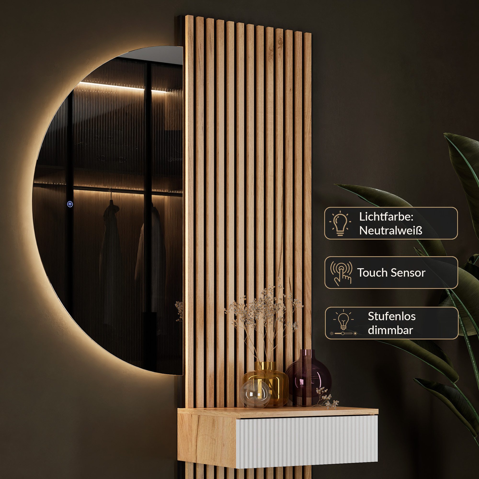 Planetmöbel Garderoben-Set AMYRA Flur Garderobe Spiegel mit Beleuchtung & Akustikpaneele, (LED Spiegel Nivora 50 x 100 cm, Touch-Funktion, Dimmbar, Konsolentisc – Bild 5 von 5