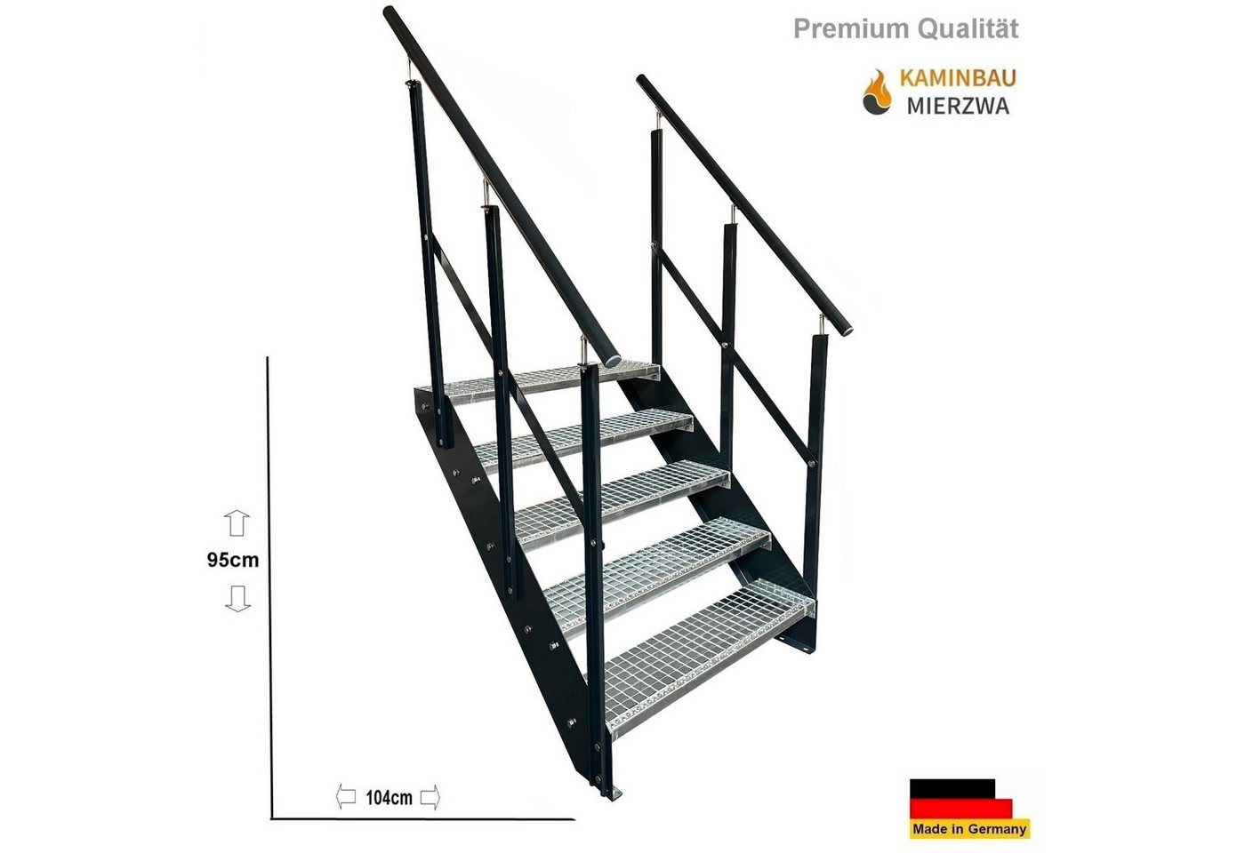 Thumbnail - Kaminbau Mierzwa Außentreppe Premium Treppe Anthrazit mit und ohne Geländer, für Geschosshöhen bis 95.00 cm, Stufen Gitt...