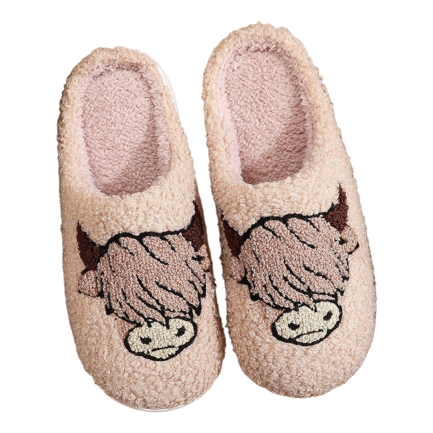 Refttenw Flauschige Hausschuh Herren Winter Lustige Hausschuhe Damen Plüsch Hausschuhe Bullenkopf-Khaki