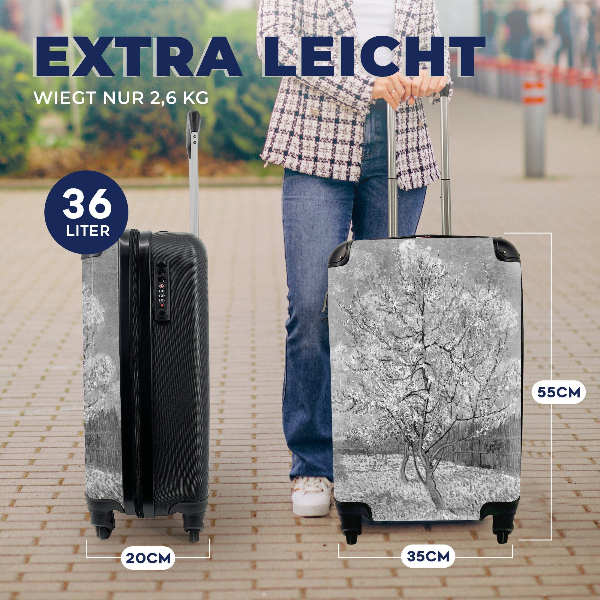 mit rollen, weiß, Handgepäckkoffer Reisekoffer Pfirsichbaum Ferien, Reisetasche MuchoWow Gogh 4 Rollen, Trolley, und - Schwarz Handgepäck - van für Vincent Blühender