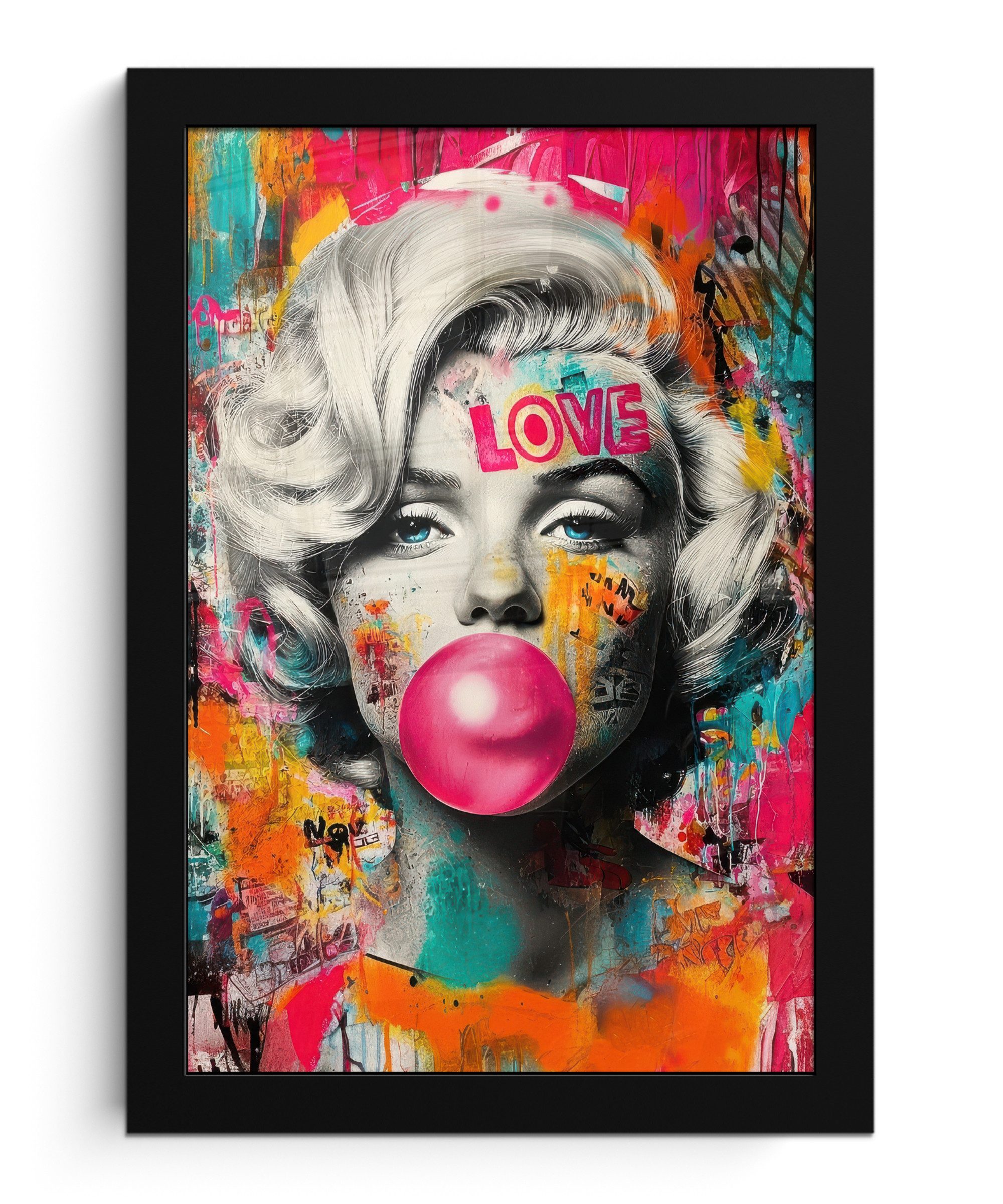 MuchoWow Poster Frau - Kaugummi - Graffiti - Neonfarben, (1 St), Bilderrahmen, Zimmer Deko, Bild für Wohnzimmer, 20x30 cm