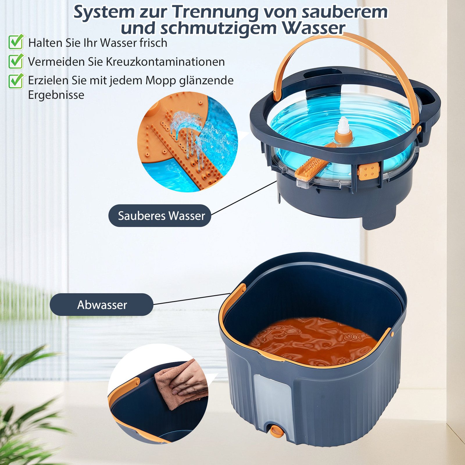 KOMFOTTEU Wischmopp, mit Schleuder-Eimer, 360° drehbarer Mopkopf