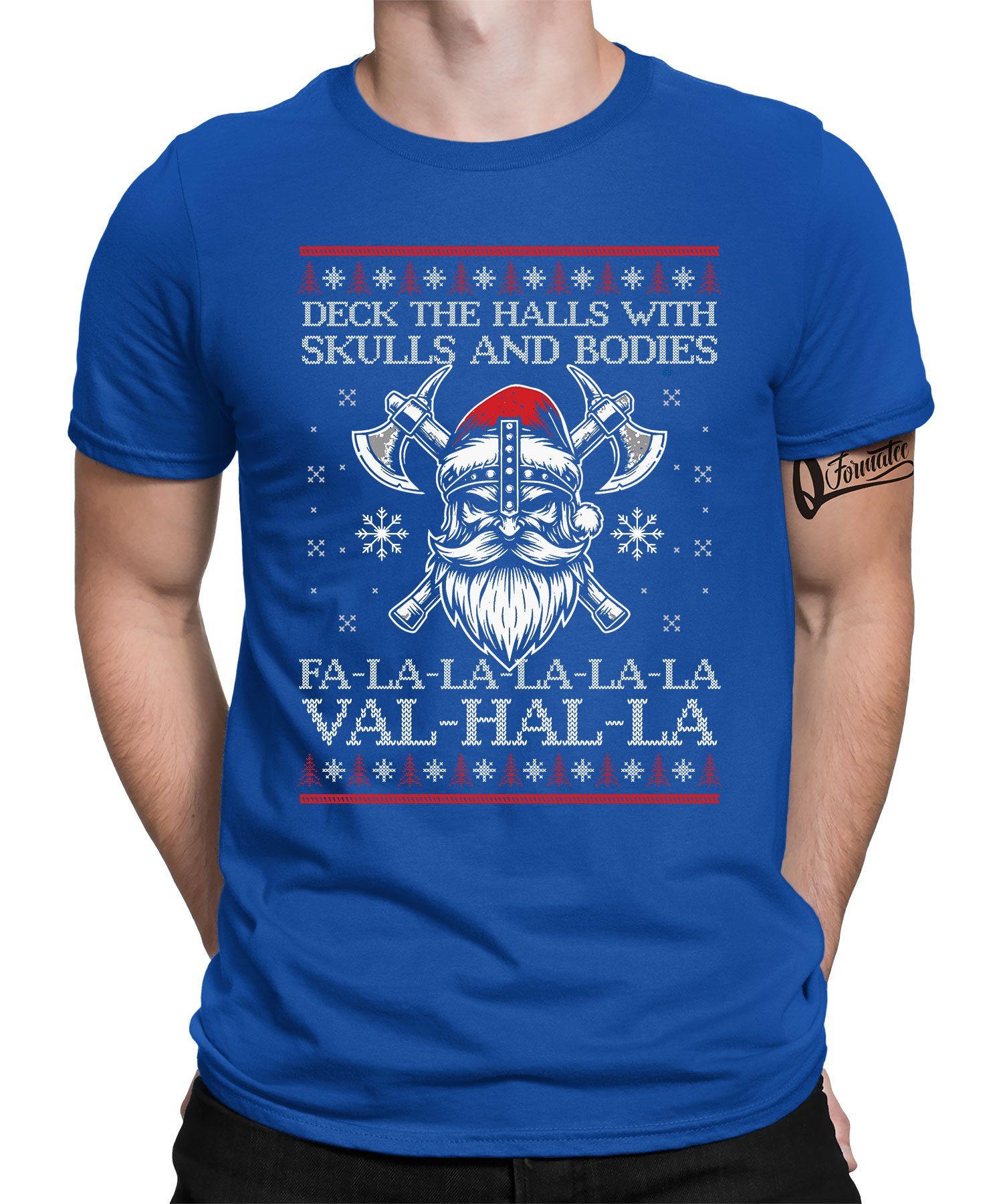 Fa-La-La-La Weihnachtsges Wikinger (1-tlg) Valhalla Skulls Weihnachten Blau - Kurzarmshirt X-mas Formatee Quattro