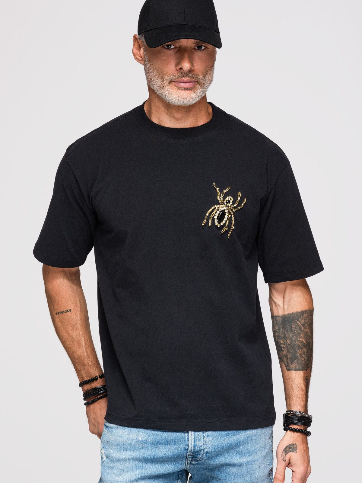 OMBRE Print-Shirt Herren Loose Fit T-Shirt mit V-Ausschnitt Schwarz L (kein Set, 1-tlg)