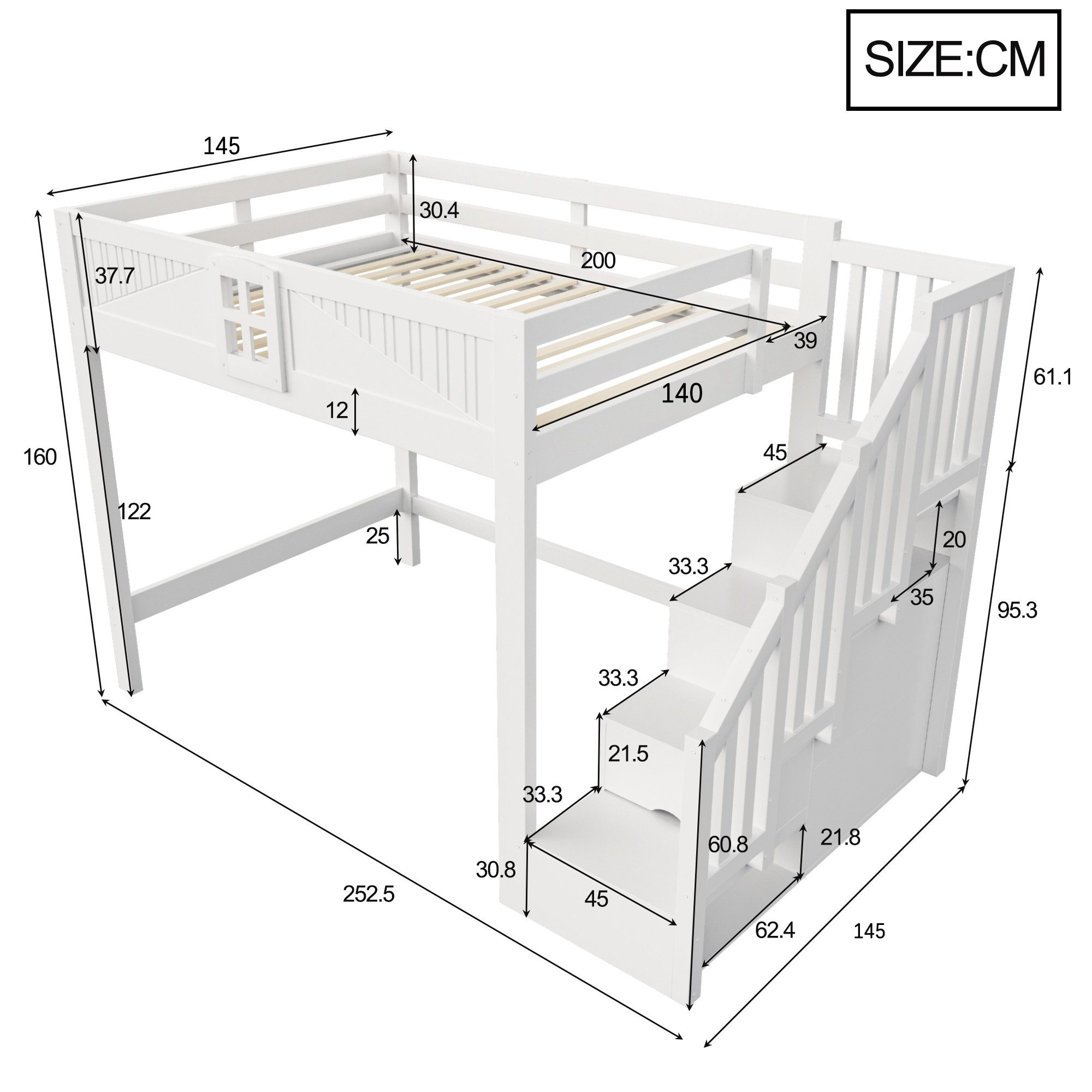 Flieks Hochbett Kinderbett 140x200cm mit Stauraumtreppe (Links & Rechts Austauschbar) – Bild 5 von 5