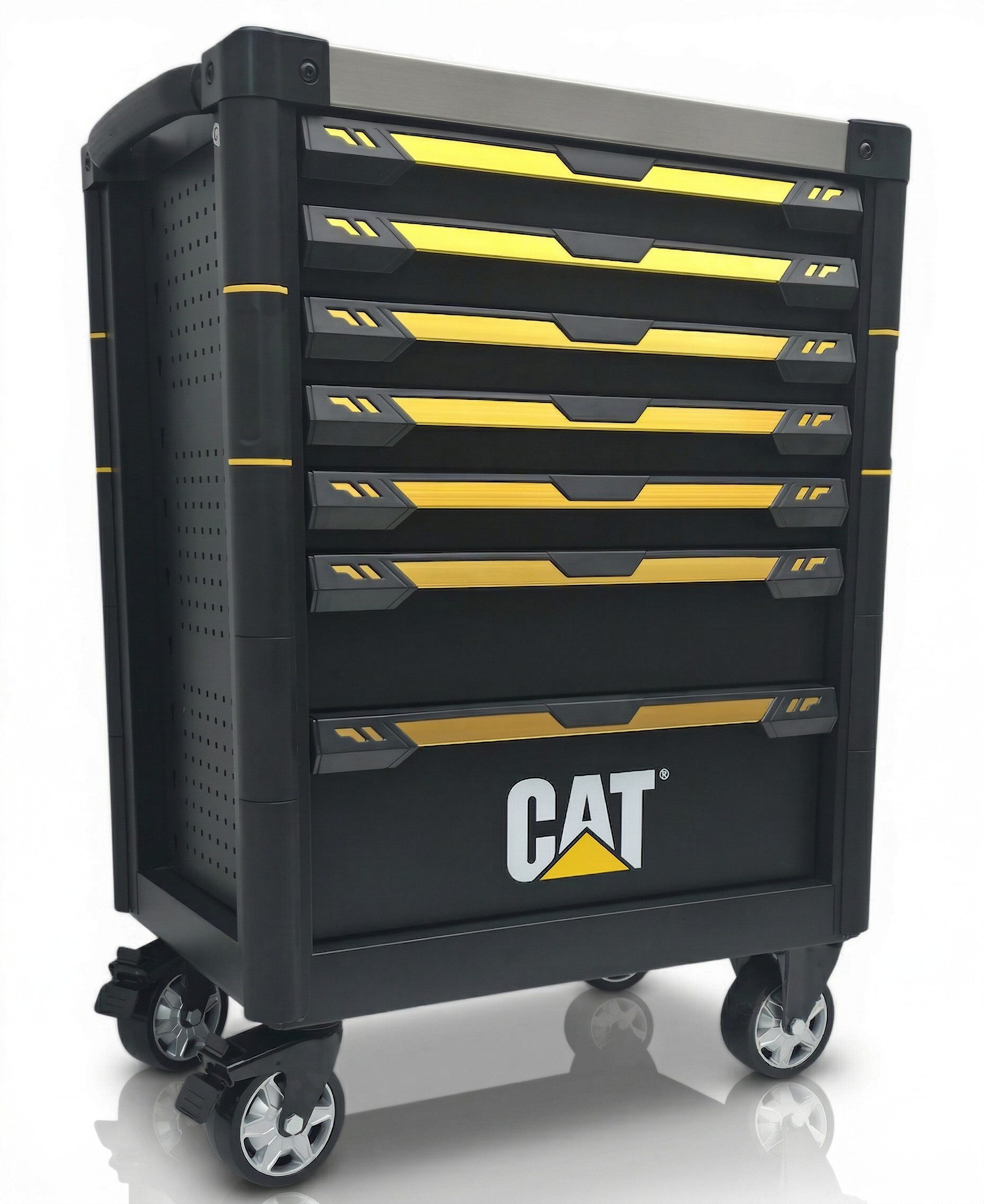 CAT Werkstattwagen Werkzeugkasten 5 von 7 Schubladen bestückt – Profi Werkzeugwagen, Mobiler Werkzeugschrank mit Rollen