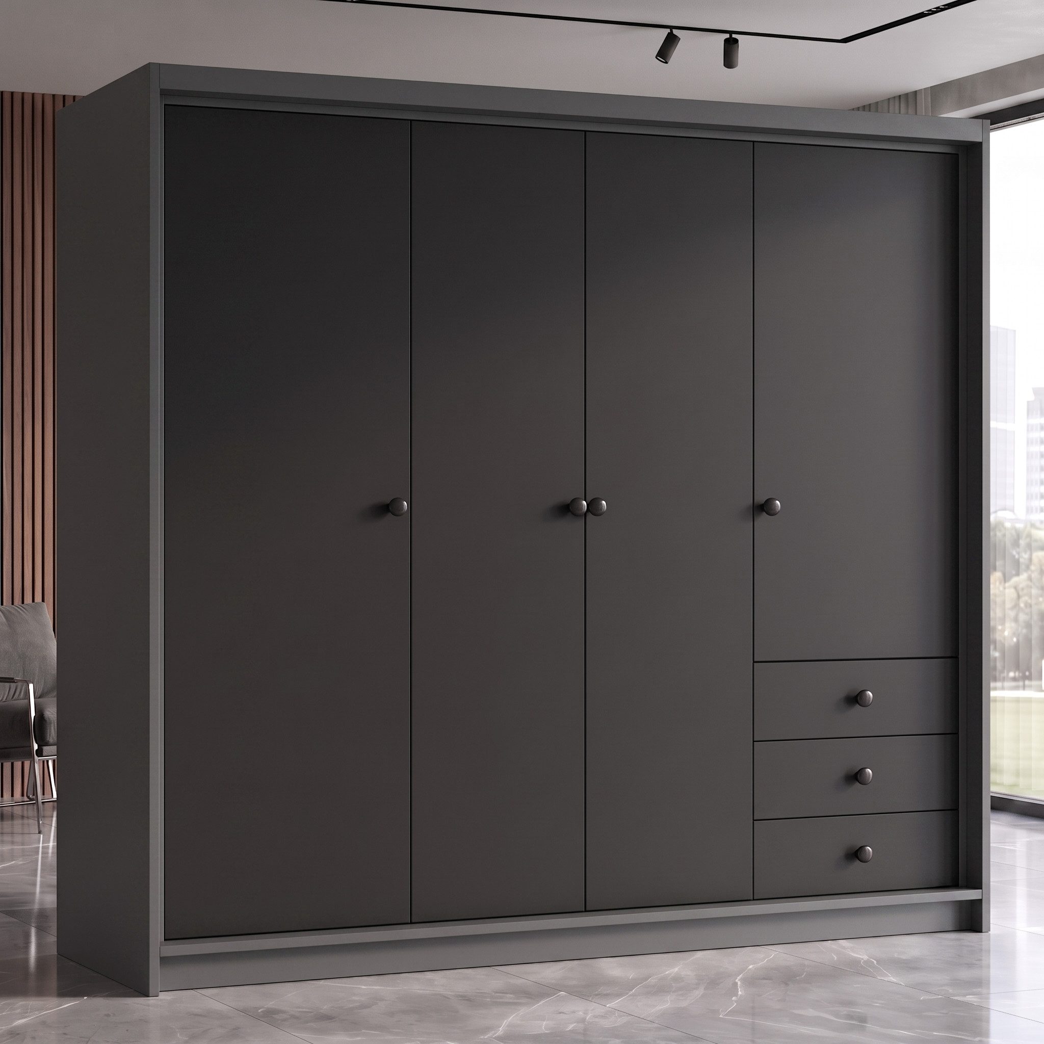 A&J MöbelLand GmbH Drehtürenschrank FALKEN– viertüriger Kleiderschrank 200 cm (Geräumiger viertüriger Kleiderschrank mit Schubladen. Geräumiger Schrank mit einer Breite von 200 cm und Schubladen, ideal zur Aufbewahrung von Kleidung und Accessoires. Viel Stauraum. TOP PRODUKT! Wählen Sie das ideale Modell für Ihr Schlafzimmer!, TOP ANGEBOT) Breite: 200 cm, Höhe: 215 cm, Tiefe: 59,5 cm