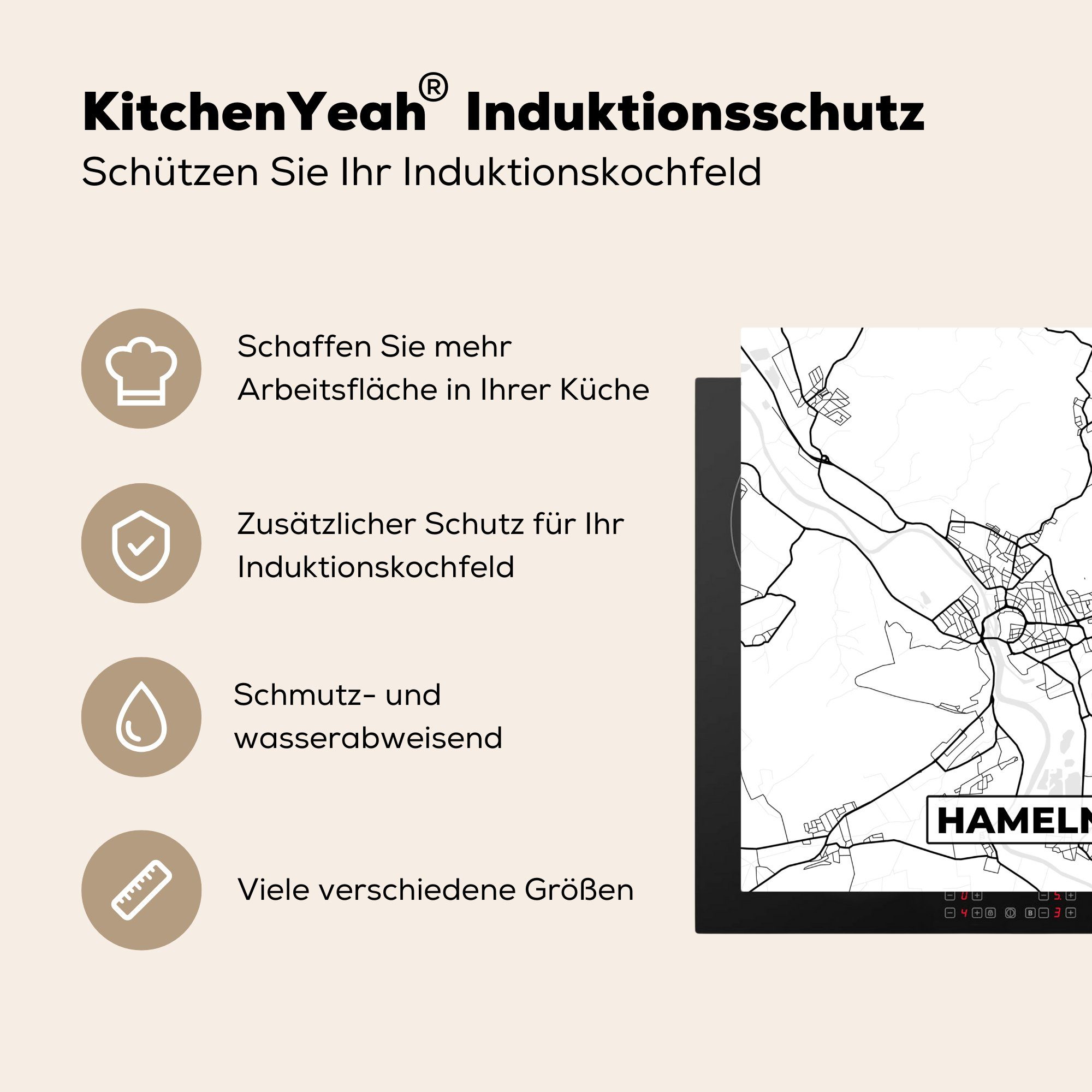 Karte tlg), (1 78x78 Vinyl, für Karte Hameln Stadtplan, Herdblende-/Abdeckplatte Ceranfeldabdeckung, MuchoWow cm, - küche - - Arbeitsplatte