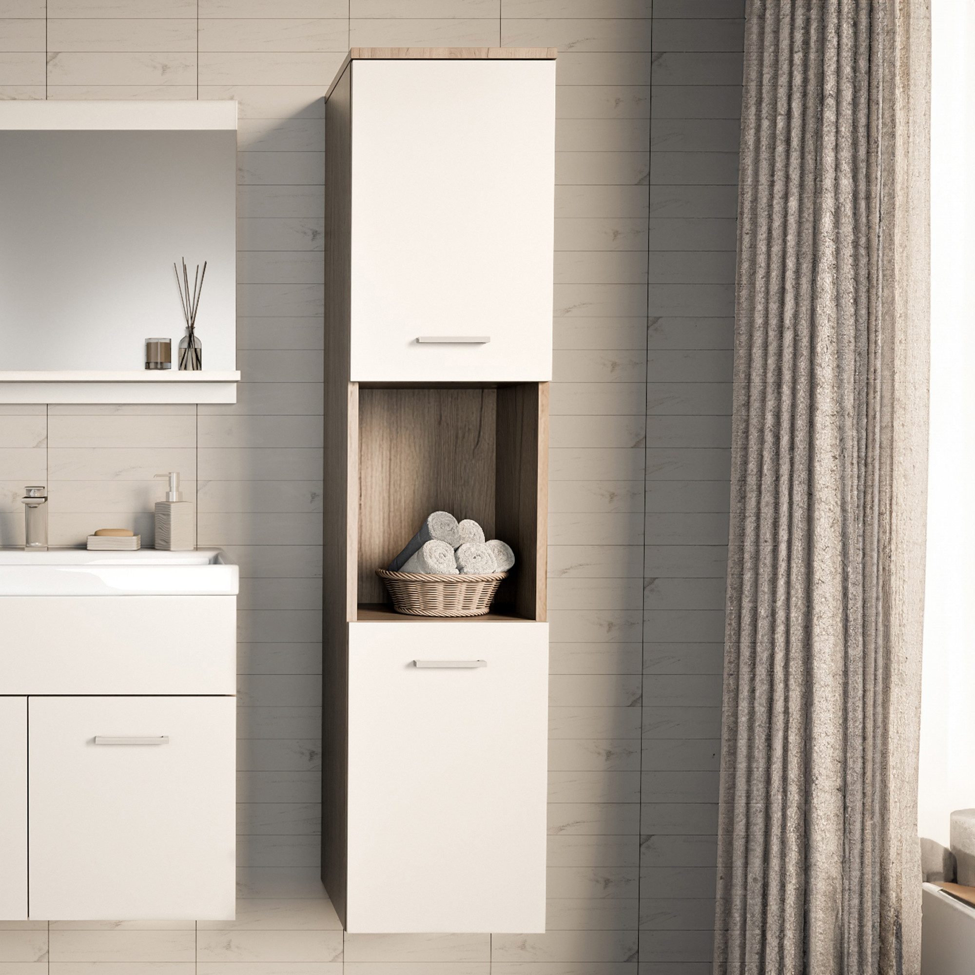 en.casa Hochschrank »Krildihana« mit 2 Türen wandmontiert 131x30x30 cm Eicheoptik/Weiß