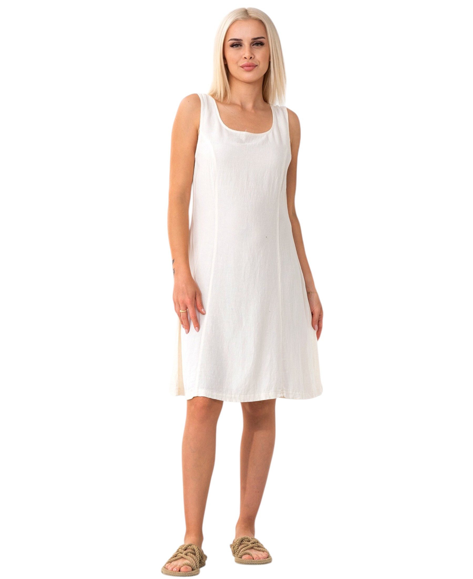 Sommerkleid mit Bindegürtel hinten Leinenmix Strandkleid ärmellos knielang
